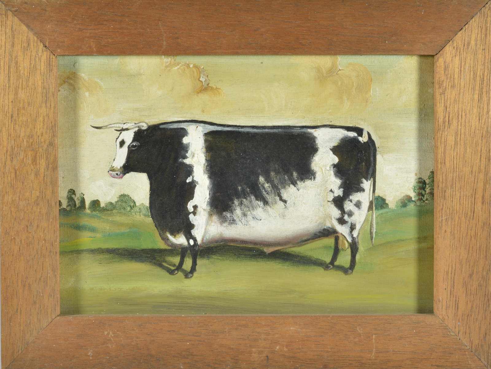 Paul Kitchin Folk Art Painting of Cow: Framed, painting of cow on masonite board - 11" x 14"