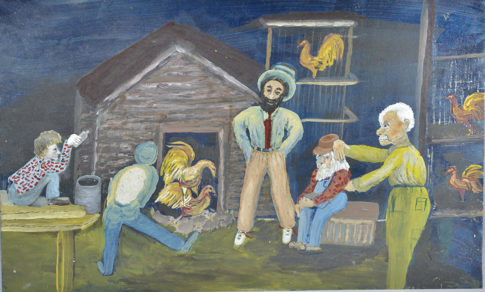 Phyllis Long Folk Art Painting of Cock Fight (1 of 1)