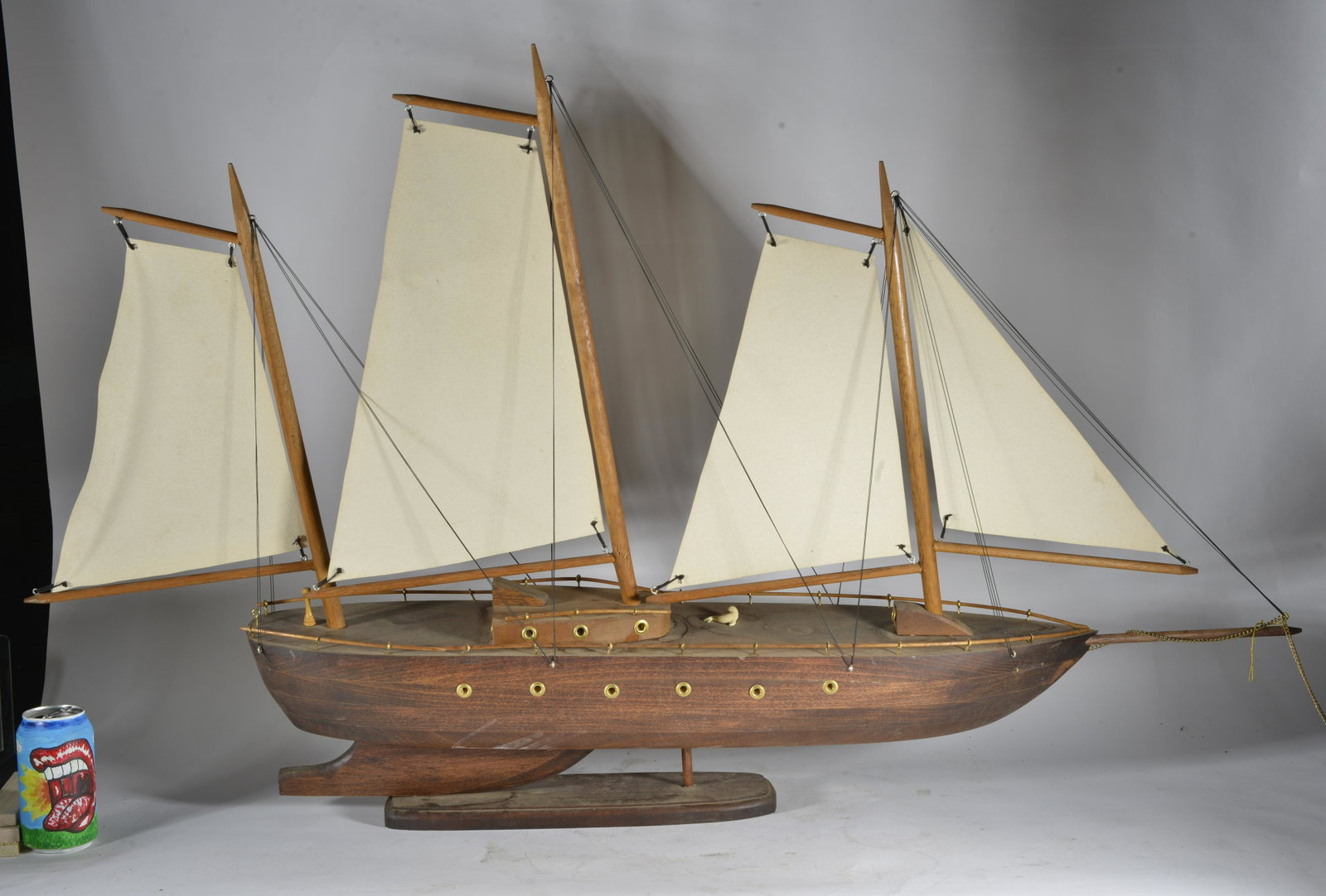 Folk Art Hand Made Boat: wood materials, cloth, stain. height 28", Length 40"