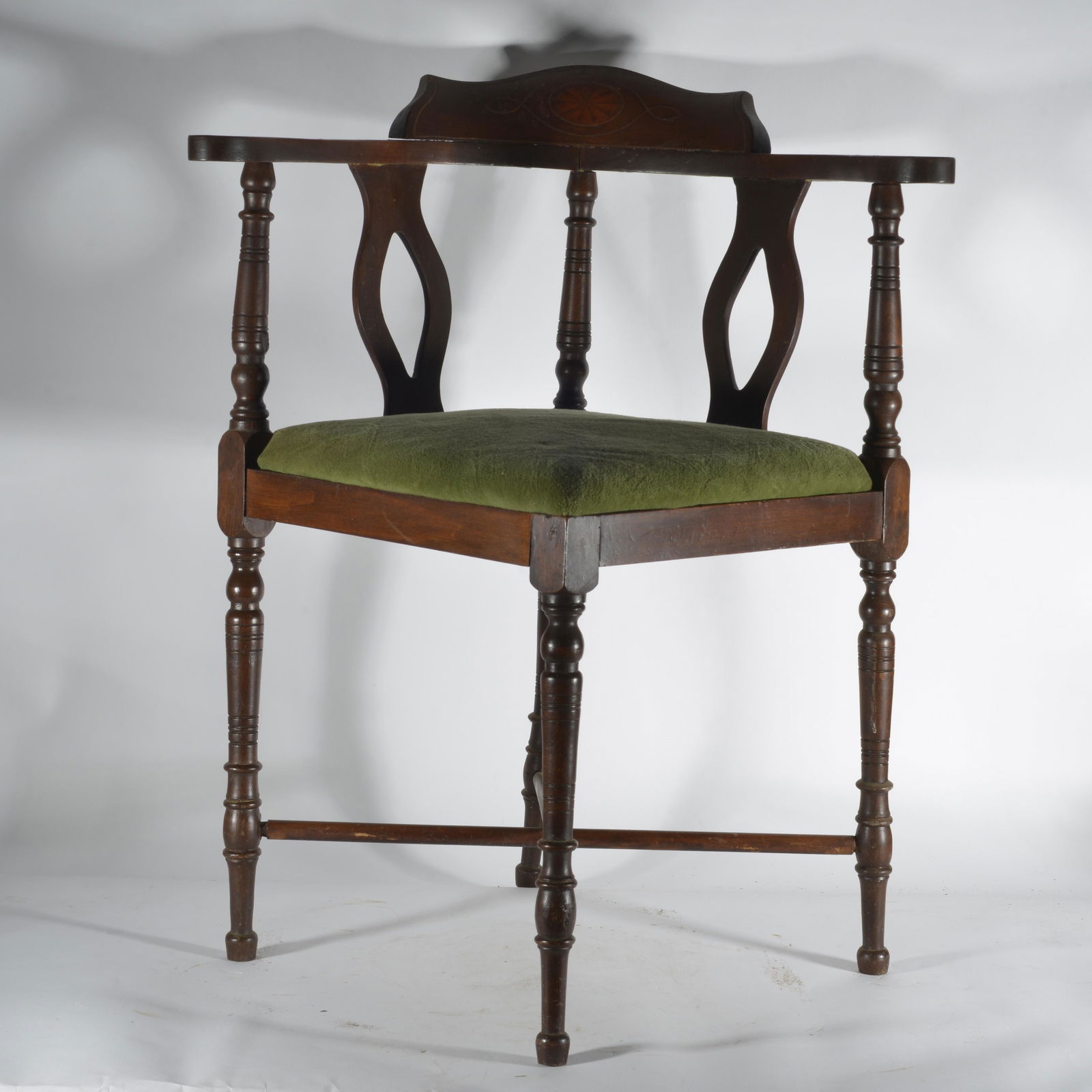 antique corner chair: wood and upholstery seat. height 28"