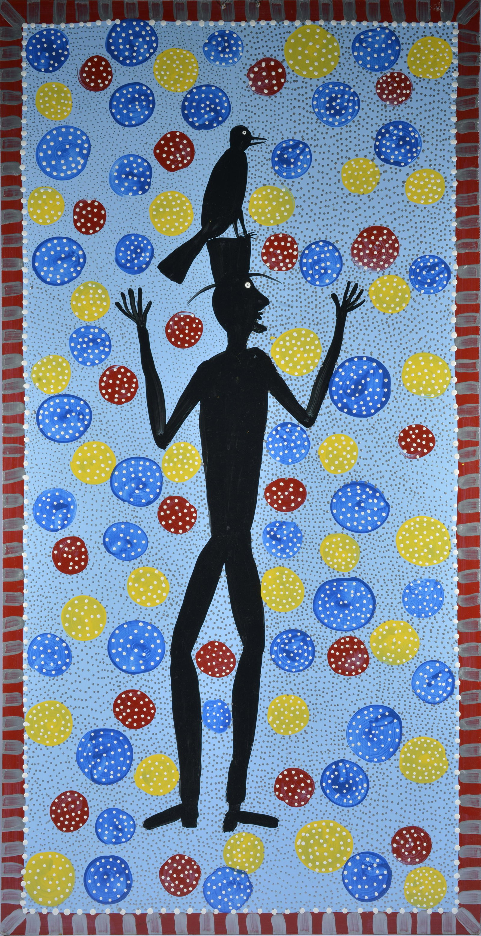 MARVIN BAILEY FIGURAL W/ CROW ON TOP HAT PAINTING (WOOD PANEL): Marvin Bailey painted this creation in somewhat the style of a Bill Traylor painting with additional colors and balls of polkadots. As well painted fringe to create framed effect. Dimensions are 48" b