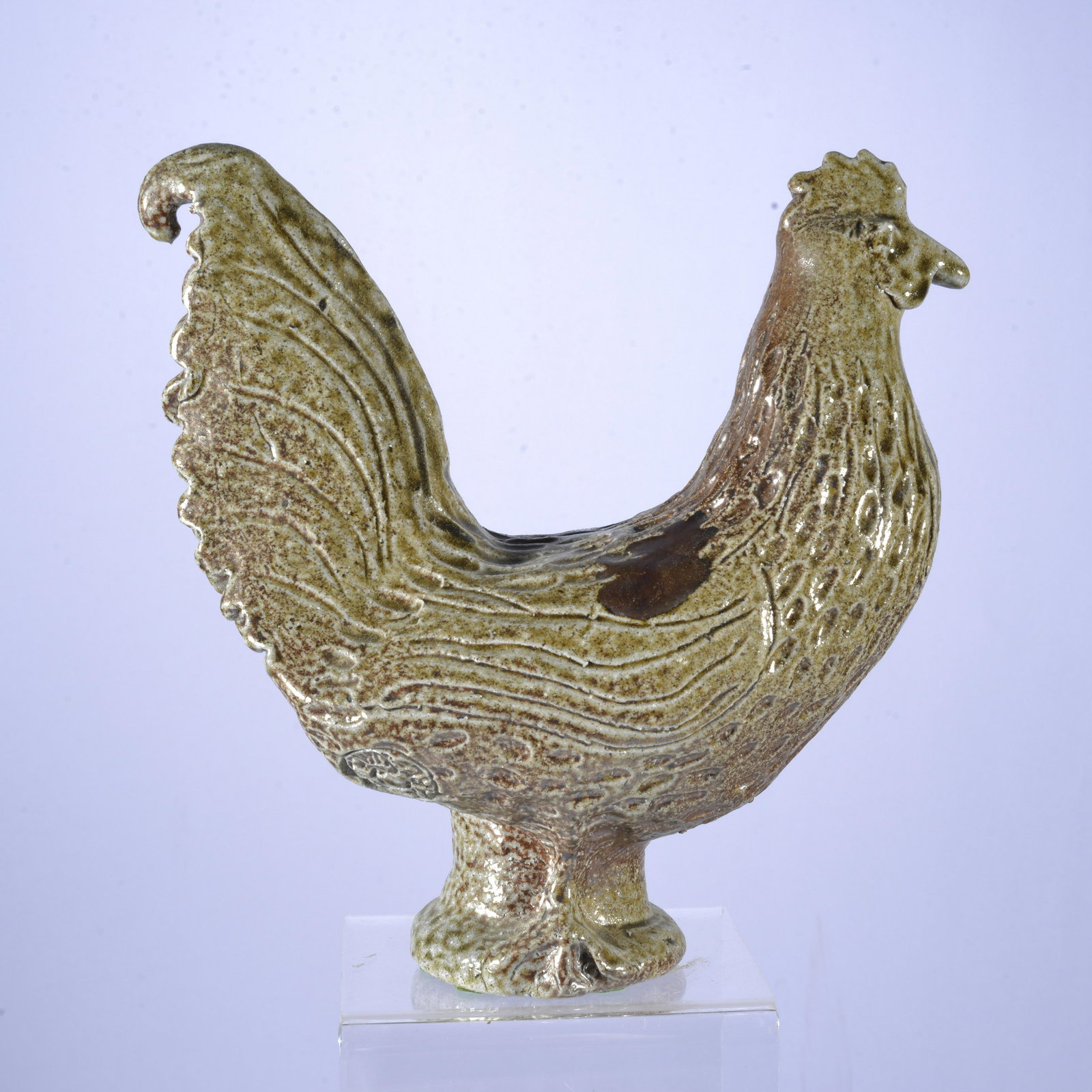 CHARLES MOORE SALT GLAZE ROOSTER JUGTOWN: Potter Charles Moore worked for Jugtown intermittently for decades as a production potter. Primarily to create roosters, hens, and catfish. This is one of those wonderful hens and fired in salt glaze.