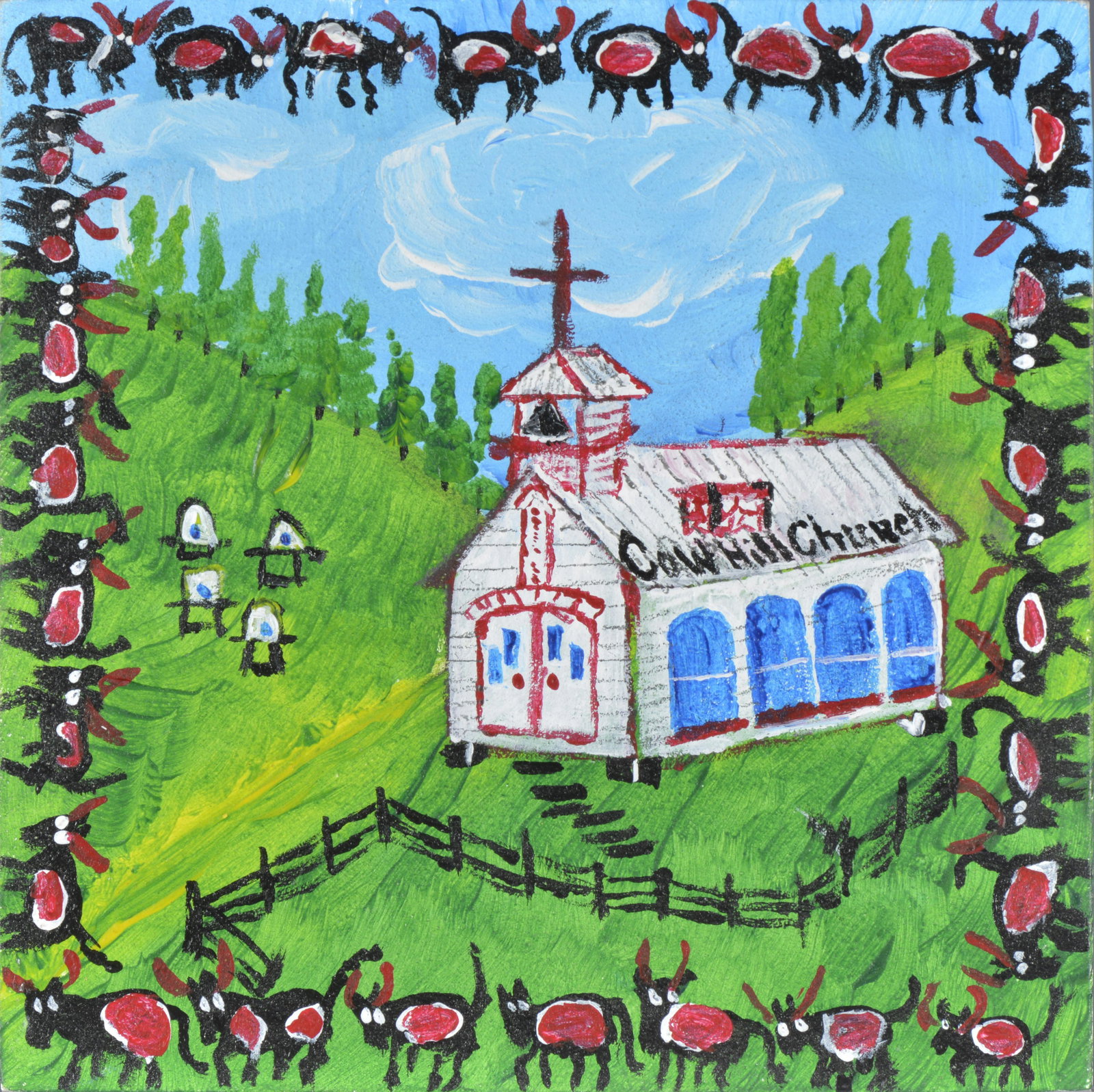WADE LEDBETTER (b. 1951 - )  miniature cowhill church painting (1 of 2)