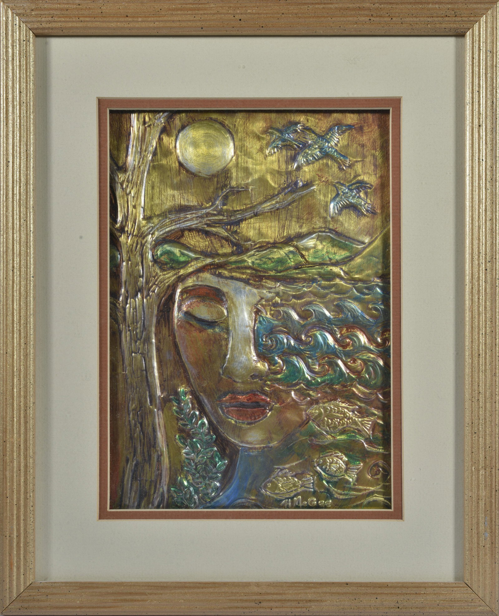 HARRIET McGEE FOLK ART: VIRGINIA ARTIST, HAND HAMMERED COPPER OR BRASS. SIGNED LOWER RIGHT. 12" X 15"