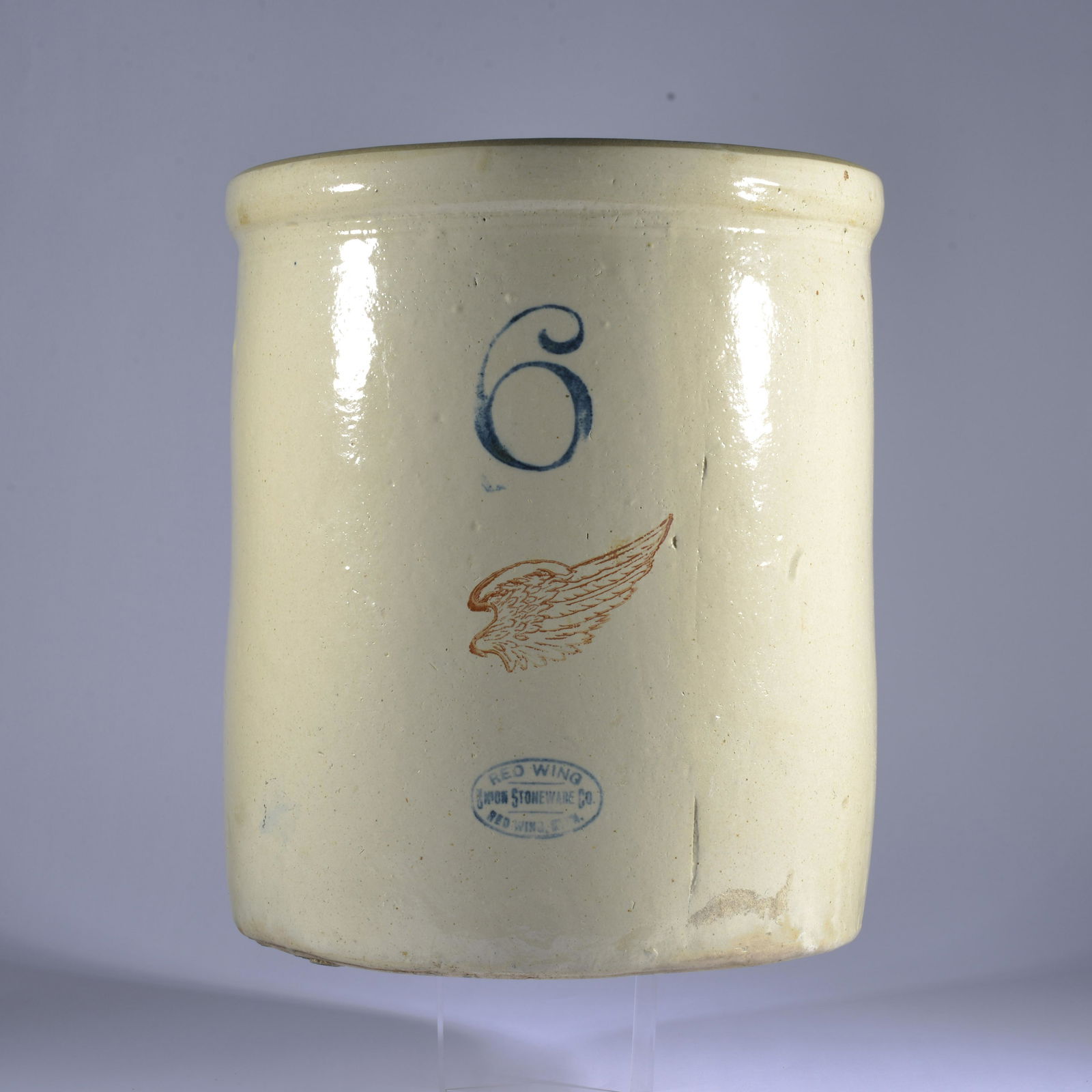 6 Gallon Red Wing Pottery Crock: very good condition, measures 14.5"H x 12.5" D