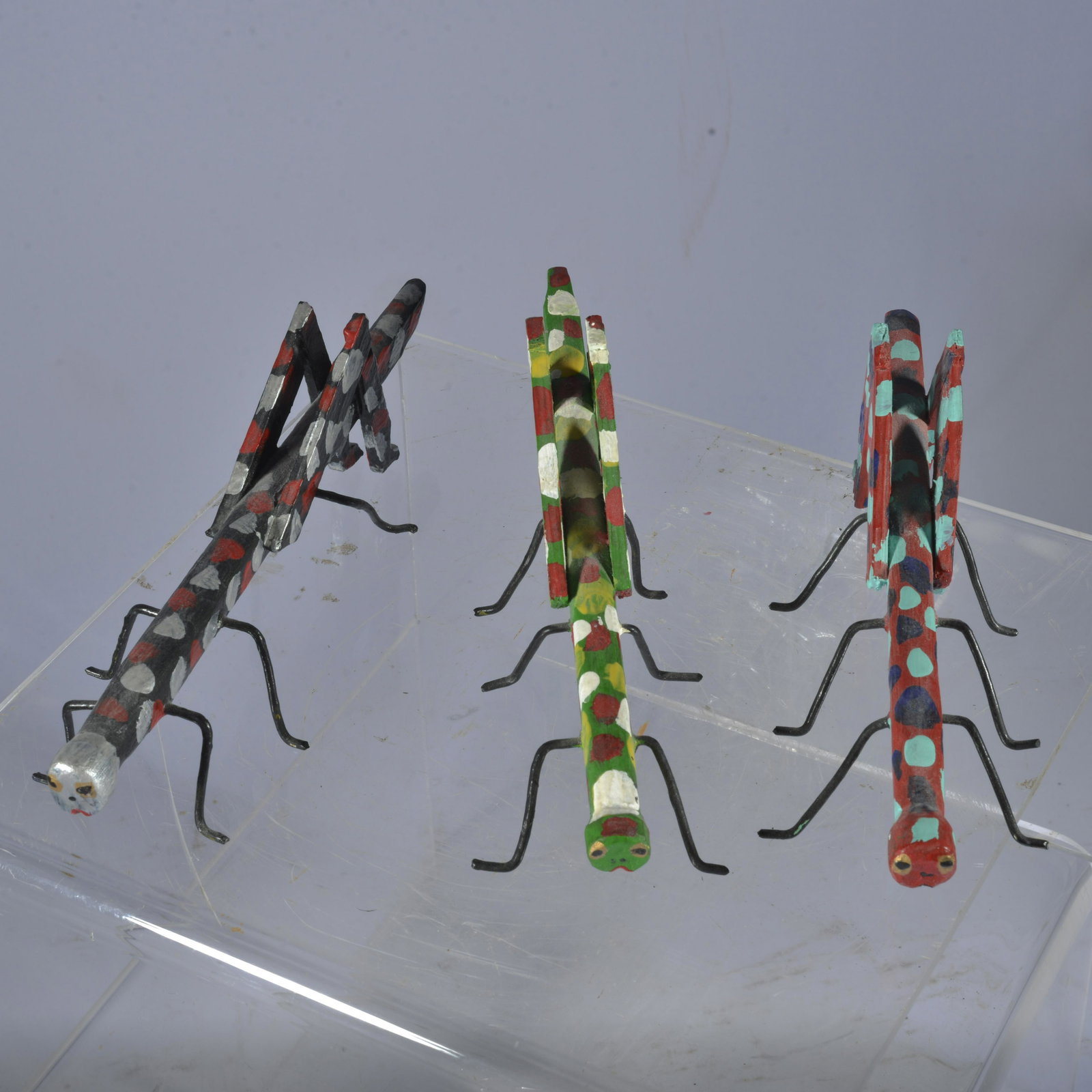 FOLK ART CARVED GRASSHOPPERS (3): fine estate condition, carved & painted grasshoppers, largest is 8.75"L
