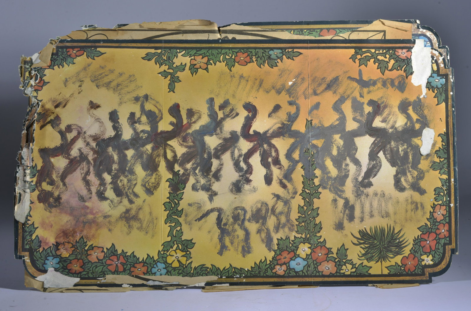 PURVIS YOUNG (1943 - 2010) paint on floral paper: double sided paint on floral paper place mat. Siged upper right. 25" x 15