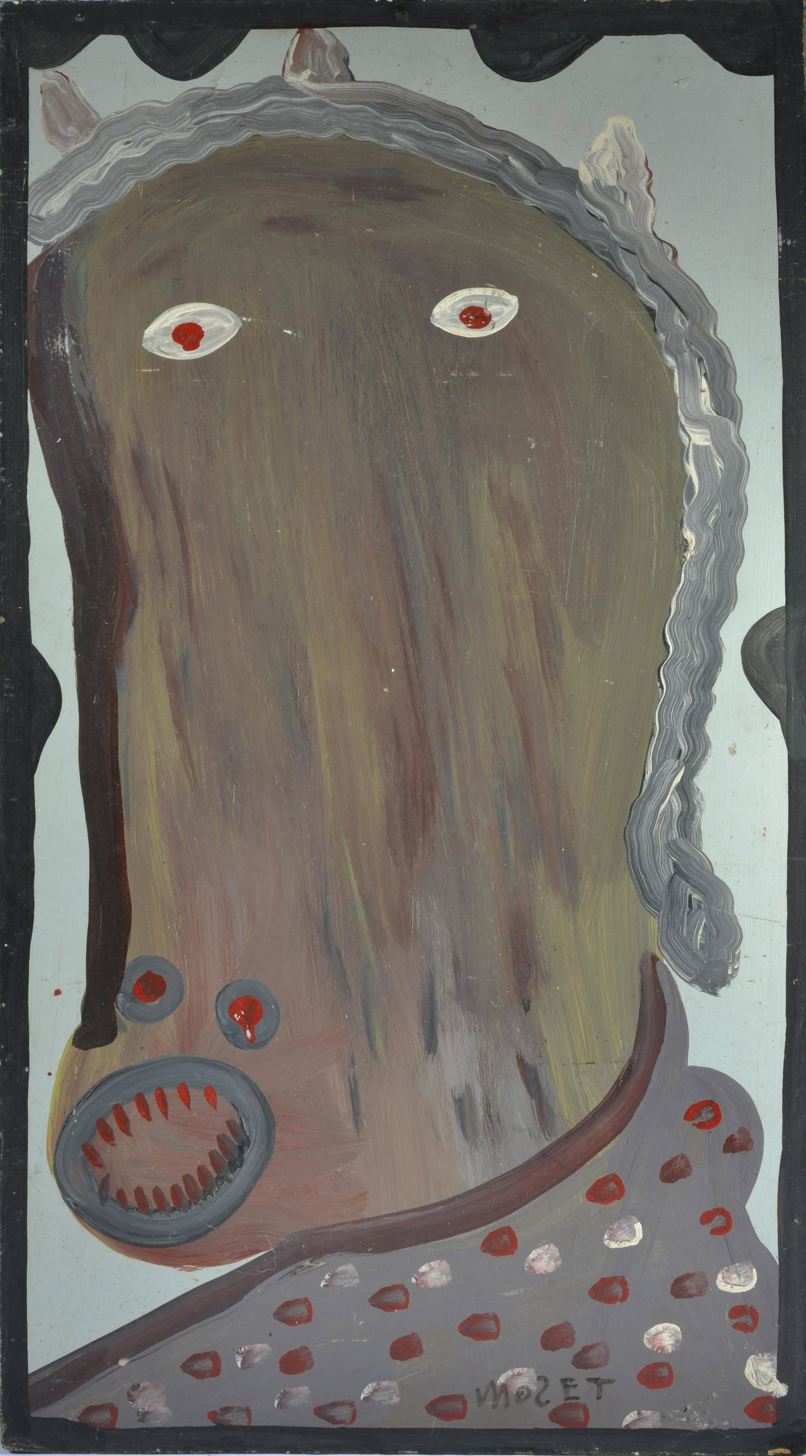 MOSE TOLLIVER (1918 - 2006): paint on wood board. Signed lower right. 16"W x 30"H