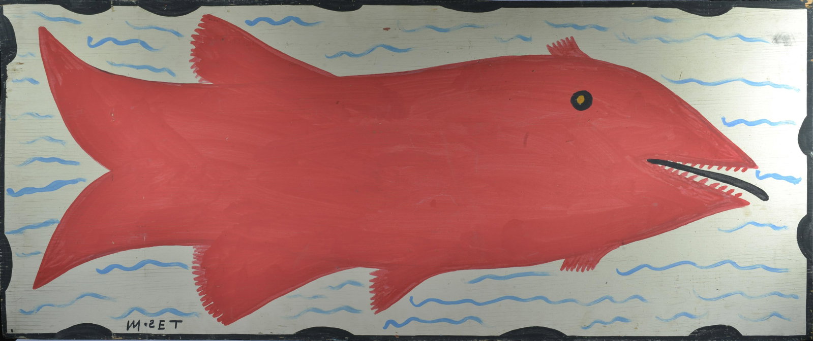 MOSE TOLLIVER (1918 - 2006): paint on plywood. Large. Signed lower left. 55.5"W X 23.25"