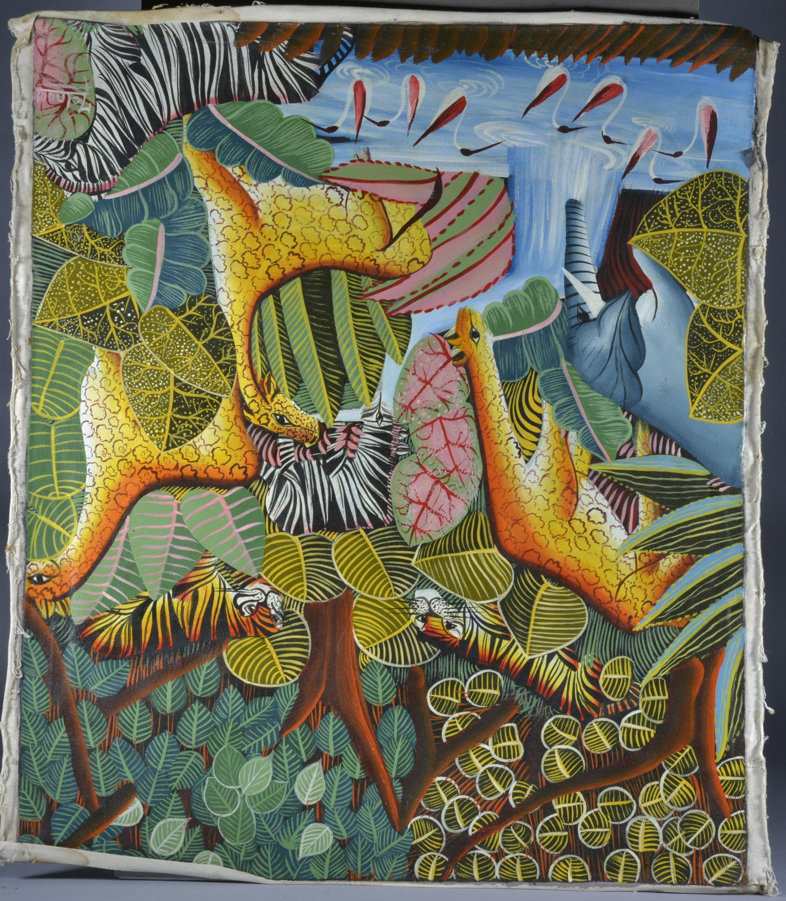 HATIAN FOLK ART PAINTING: signed, unstretched canvas. 20" x 23.5"