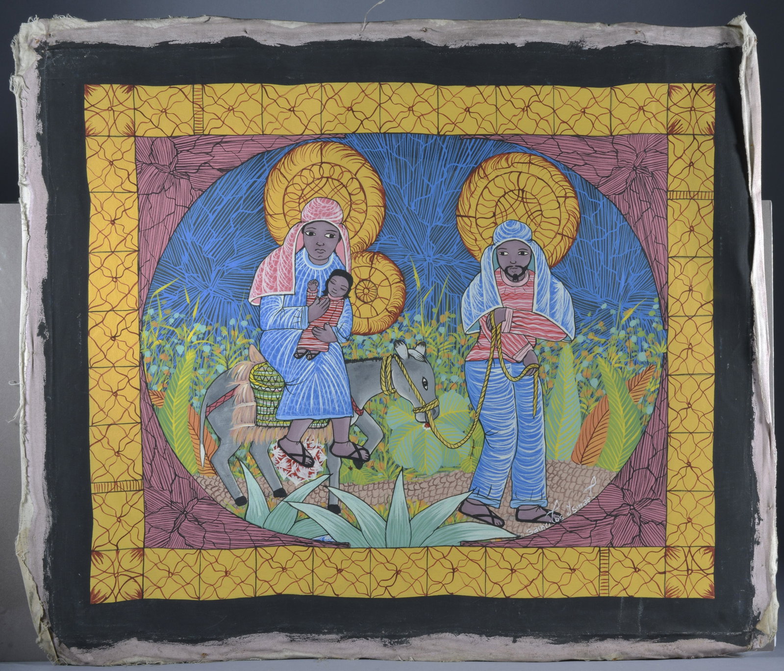 HATIAN FOLK ART PAINTING: signed, unstretched canvas. 20" x 23.5"