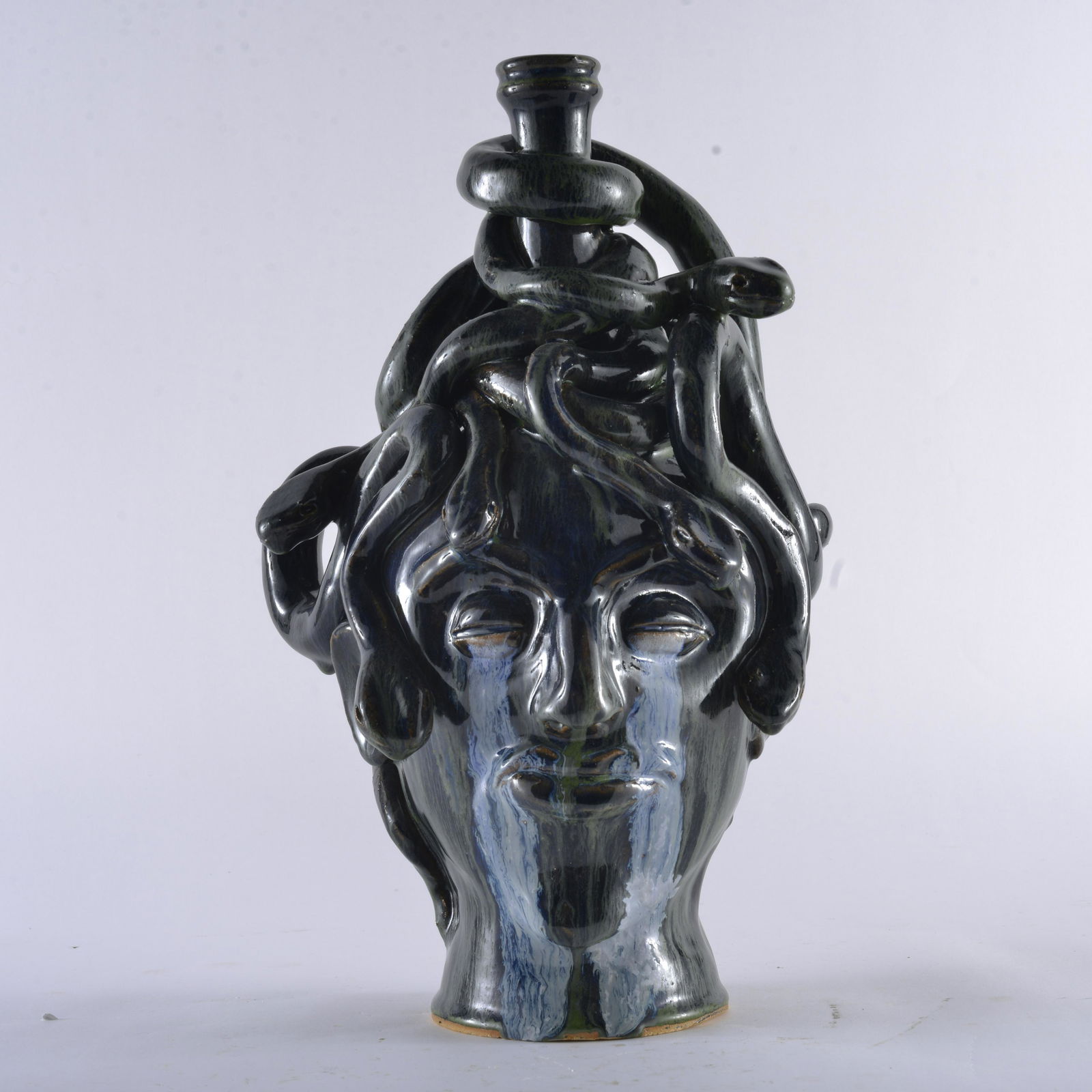 MARVIN BAILEY MEDUSA FACE JUG: so much work in this great face jug. Folky snakes in the hair as portrayed by Medusa. 15.5" tall