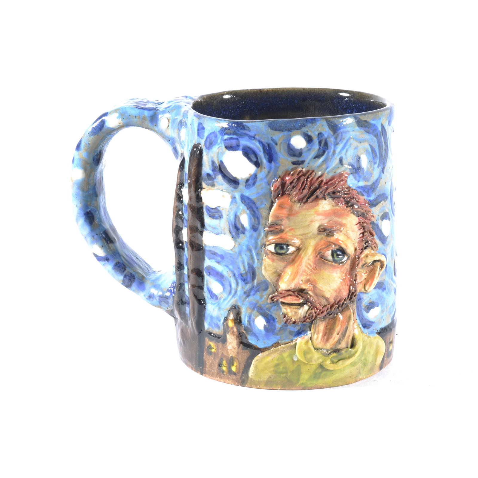 STACY LAMBERT VAN GOGH SPECIAL MARKED MUG W/ POEM: For a number of years, Stacy Lambert has been playing with the Van Gogh & Starry Night motif. This rendition of Van Gogh is very detailed, has a short poem, and unique stamps on the base. Signed by St