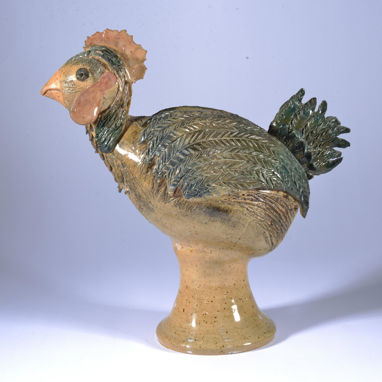GARY ------ POTTERY TURKEY FIGURAL VALDESE NC SEPT 04: This is a unique & neat rooster figural from the Catawba Valley of NC. Very well made and in the stamp on base, the last name is indecipherabe, although Valdese NC can be seen. This potter has not bee