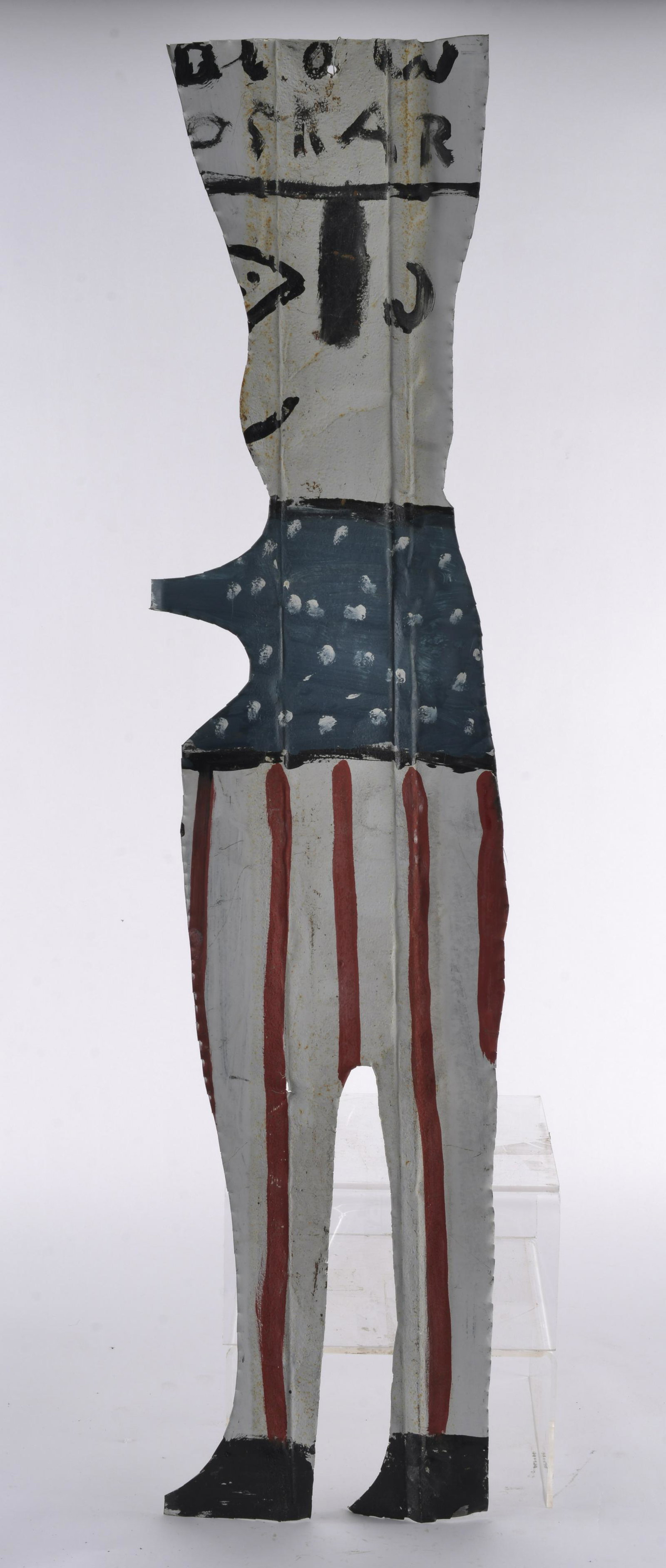RA MILLER (1912 - 2006) BLOW ASKAR: Cut out tin and paint. Blow Oskar by RA MILLER. 43.75" tall, 9.5" wide.