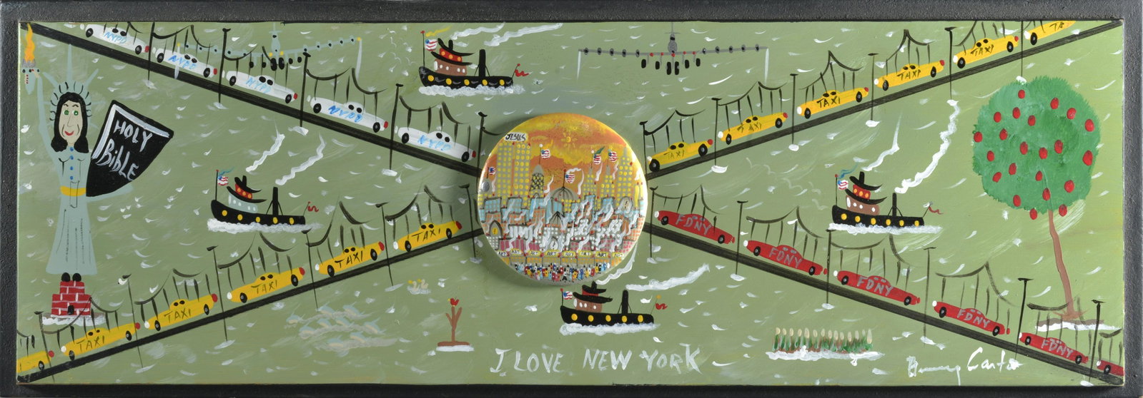 BENNY CARTER (1943 - 2014) painting with mini button: great miniature button attached. Painted on wood. 20.5" X 7"