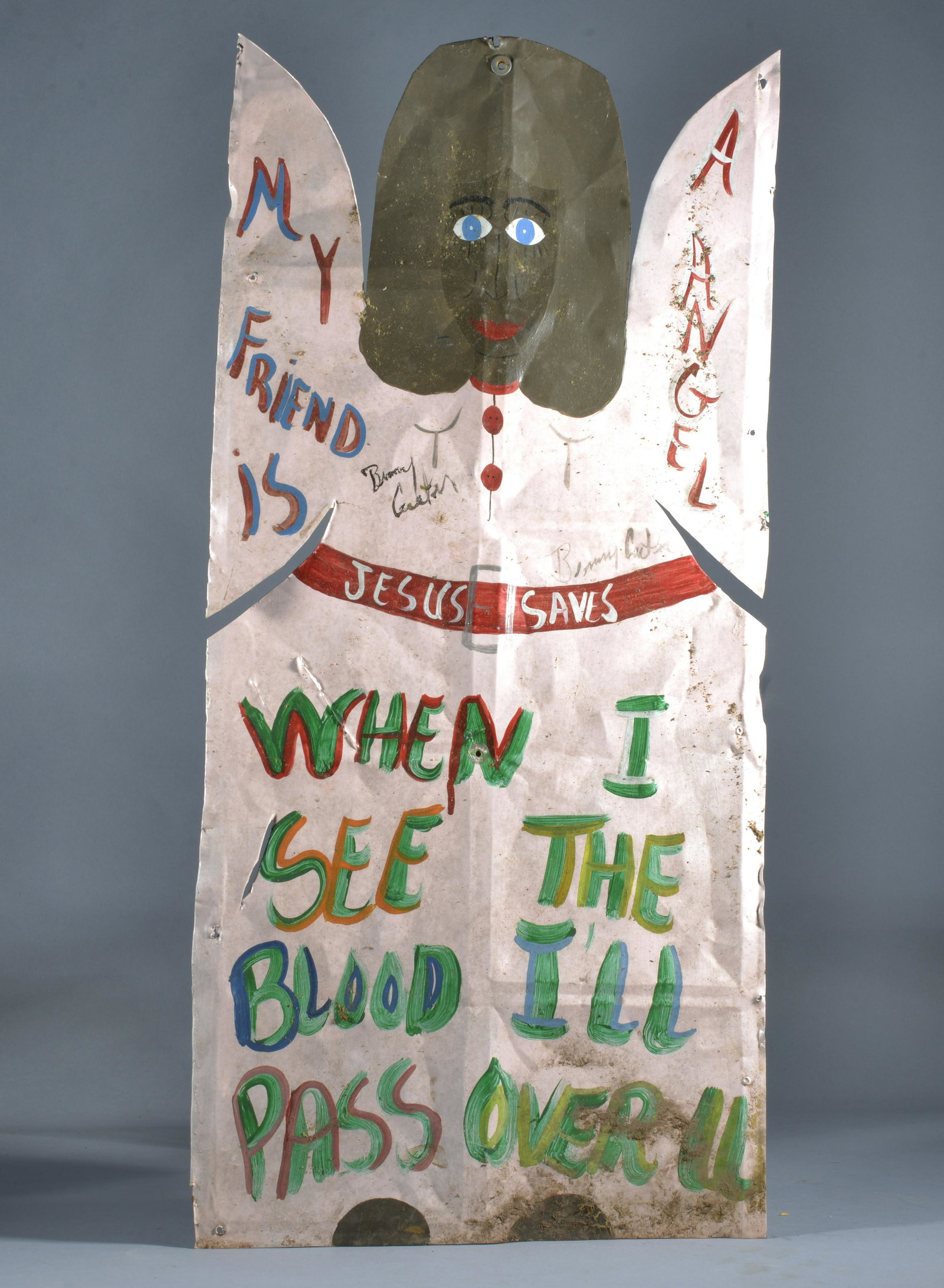 BENNY CARTER (1943 - 2014) tin angel: pink paint on cut out tin. Signed. 30" x 14"
