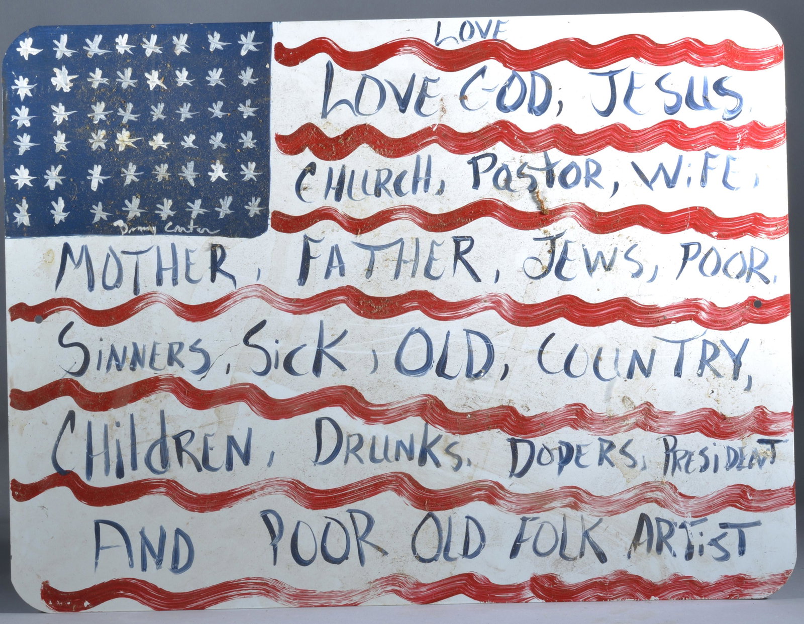 BENNY CARTER (1943 - 2014) American flag: paint on tin parking sign. Signed in the stars 24" x 18"