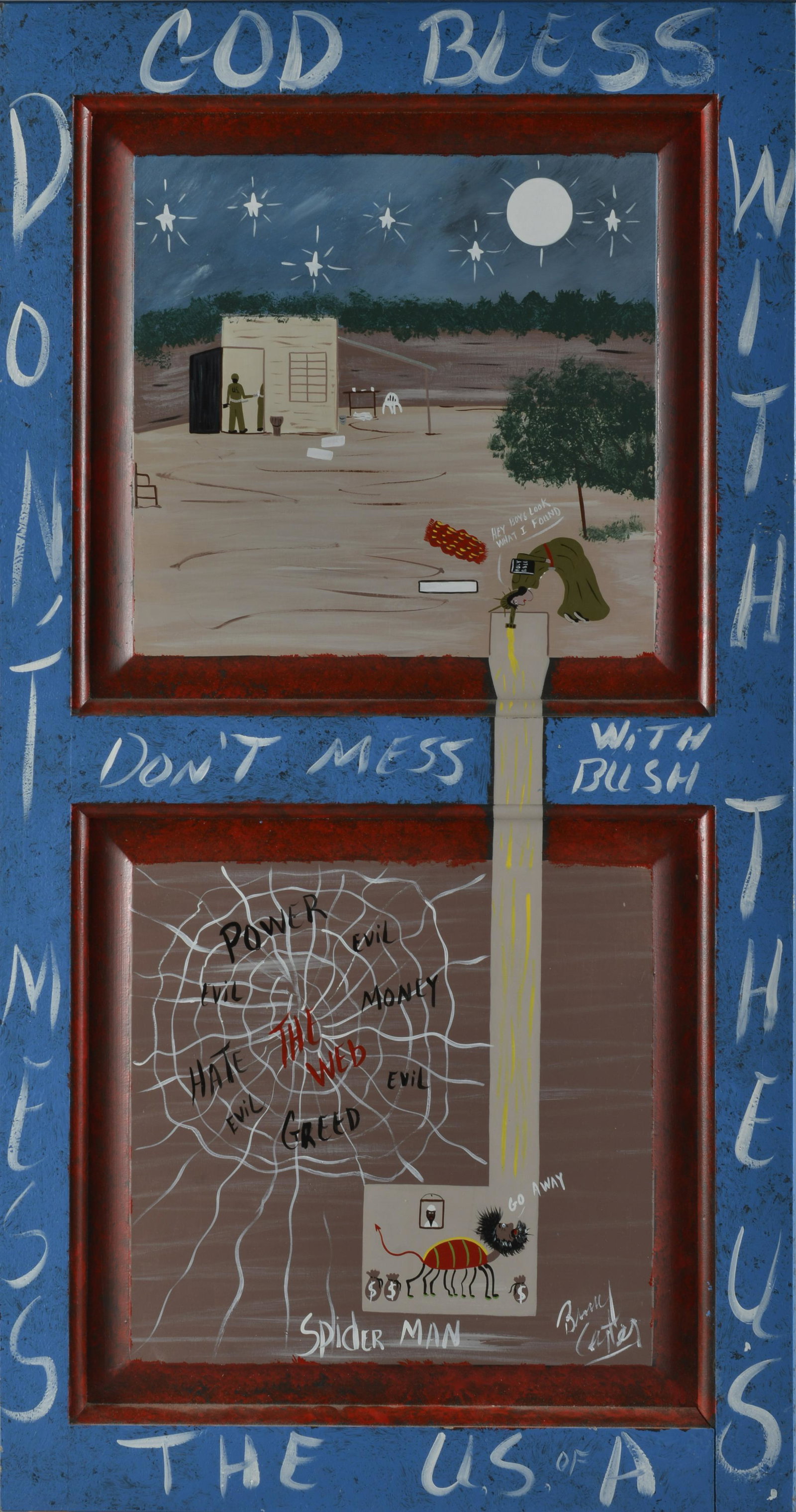 BENNY CARTER (1943 - 2014) spider man: paint on wood. A painting depicting finding Osama Bin Ladin. 21.5" x 41"