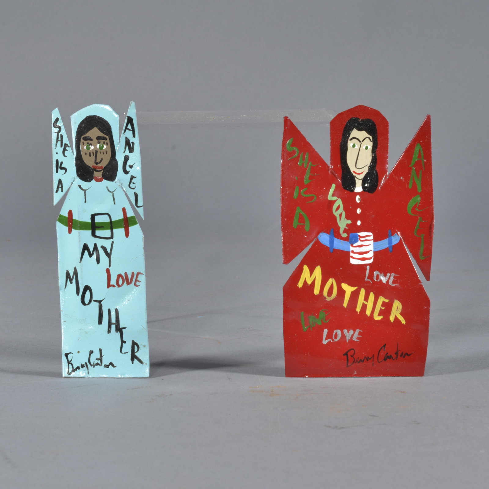 BENNY CARTER (1943 - 2014) miniature tin cutouts: two miniature tin cutouts painted and signed. Avg height 4.5"
