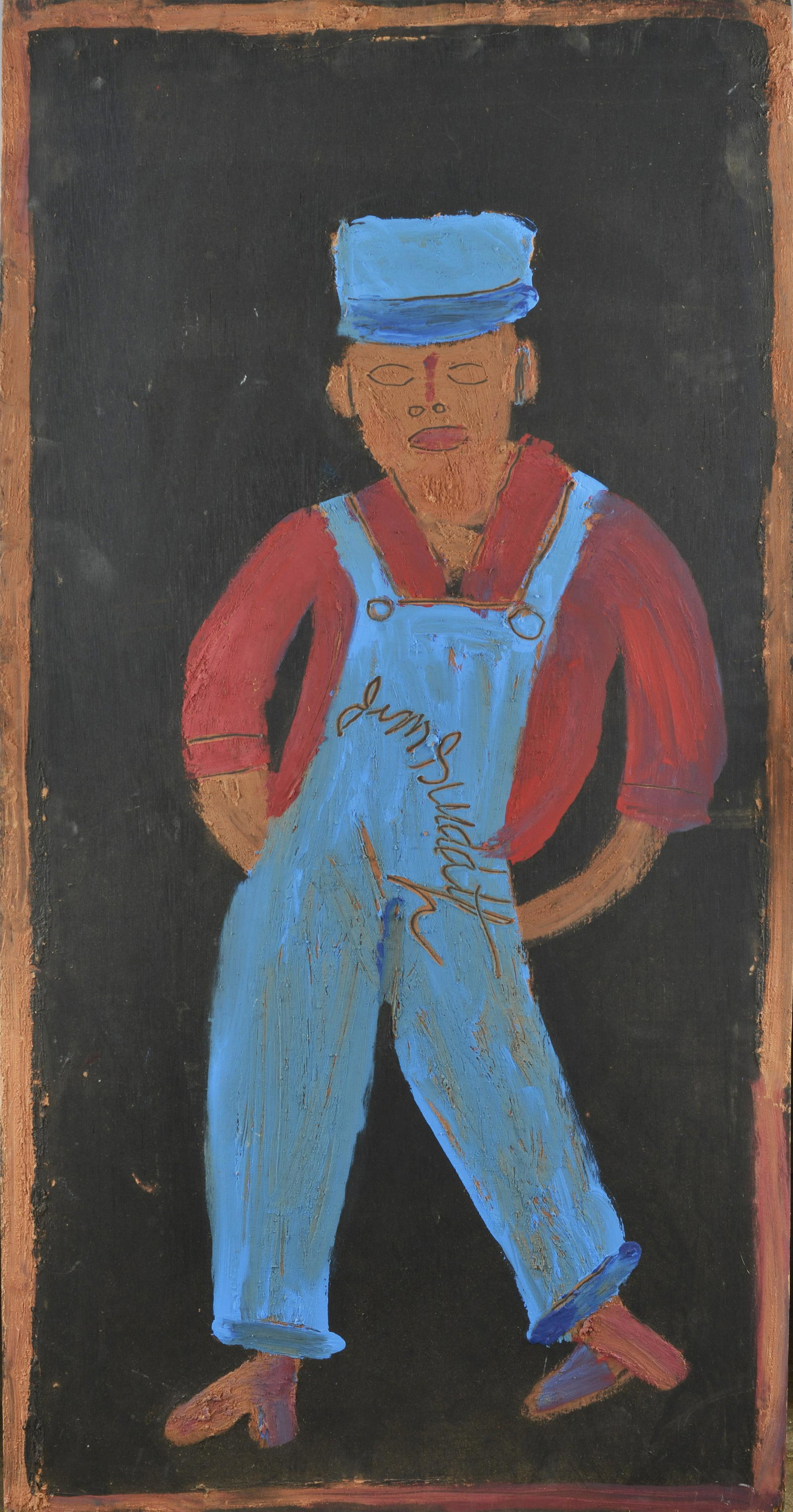 JIMMY LEE SUDDUTH (1910 - 2007): paint on 3/8 plywood. A self portrait. Signe din the middle. Great heavy thick mud. 24" x 48"