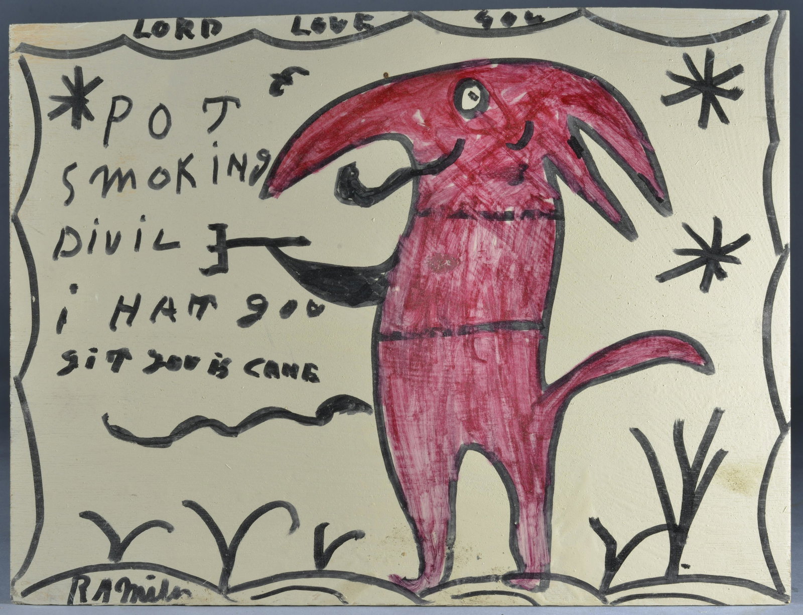 RA MILLER (1912 - 2006): paint on thin wood. Signed lower left. 16" x 12"