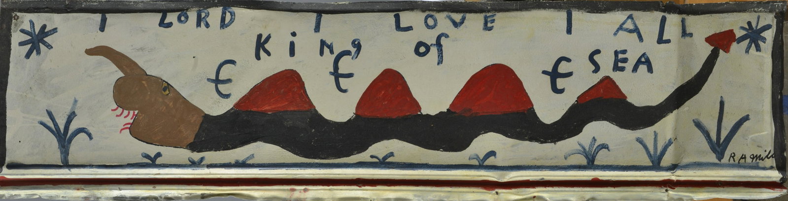 RA MILLER (1912 - 2006): paint on roof tin. Large. Signed 13" x 55.5"