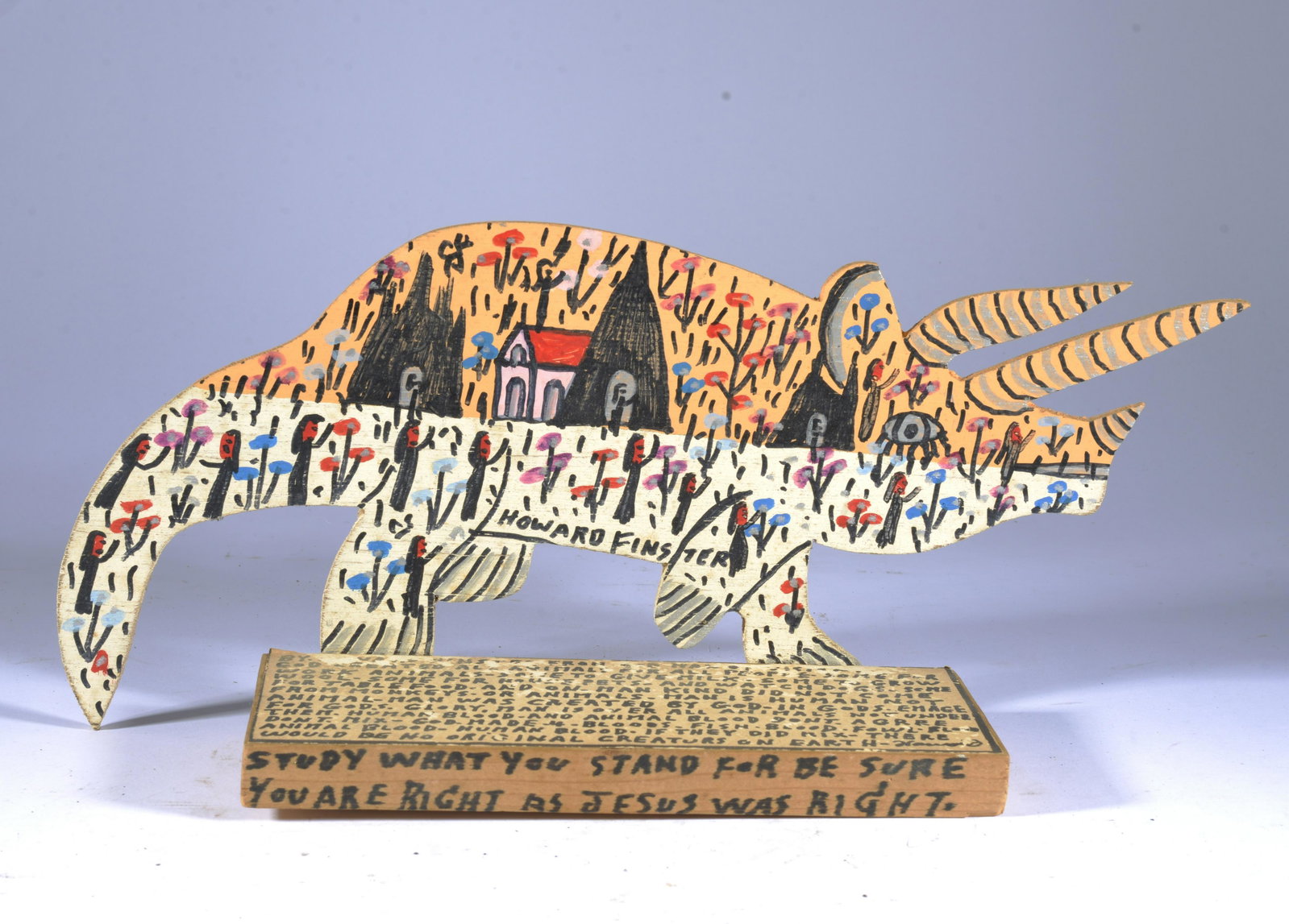 HOWARD FINSTER (1916 - 2001): paint on wood cut out. Numbered 18,247 and dated mar 11 1991. 15" x 7"