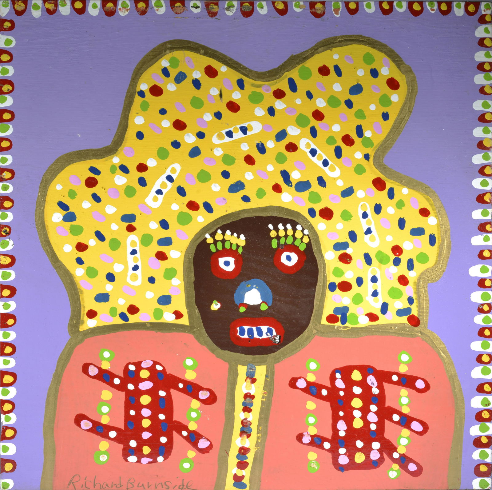 RICHARD BURNSIDE (1944 - 2020) FOLK ART PAINTING: south Carolina African American folk artist self taught. Spent a lot of time at the house of blues where his art was bought by SIGNED BOTTOM LEFT. PAINT ON PLYWOOD. 24" X 24"