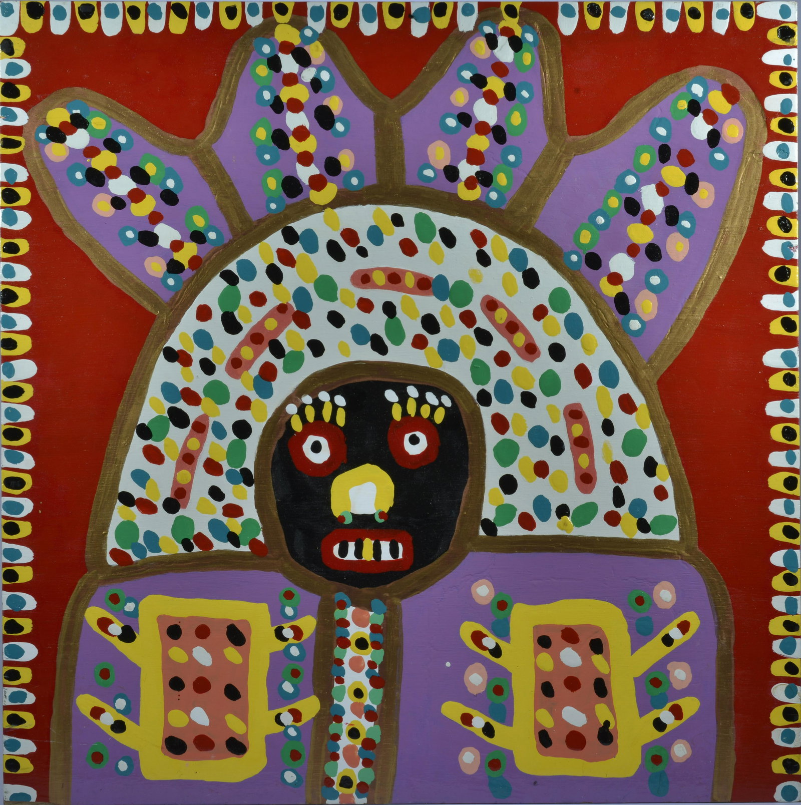 RICHARD BURNSIDE (1944 - 2020) FOLK ART PAINTING: paint on plywood. Nice heavy paint with great color. Signed on back dated 1996 with a picture of Richard holding this exact piece. 24" x 24"