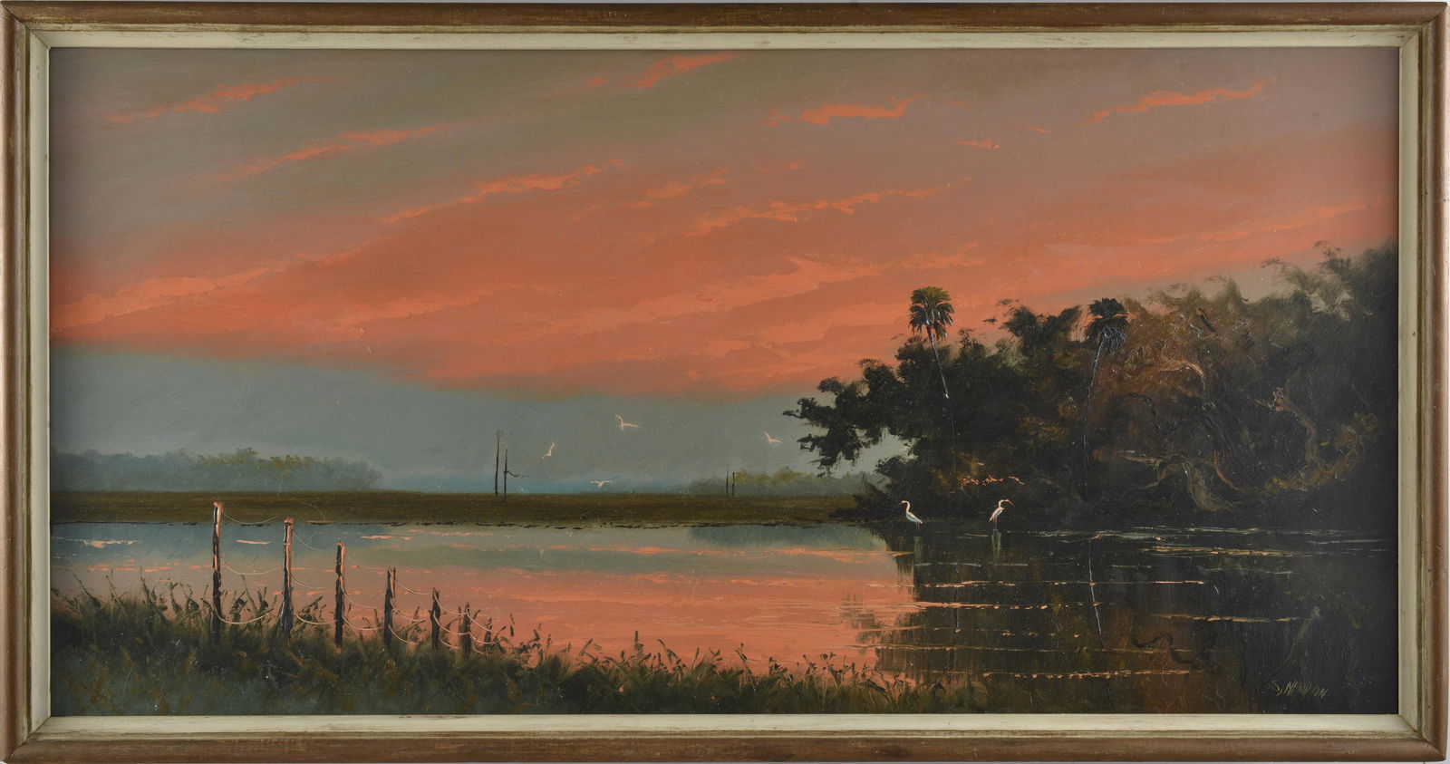 SAM NEWTON HIGHWAYMEN PAINTING: signed lower right. Great colors. paint on masonite. Original frame. 50" x 26.5" - The Highwaymen are a group of black artists consisting of 26 members, starting in the mid 1950â€™s, that were lo