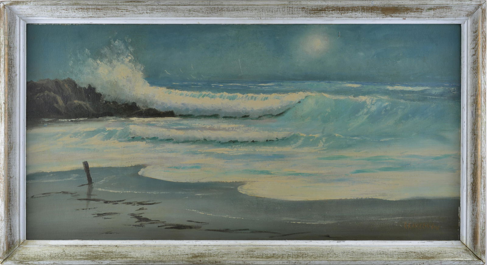 RA McLendon HIGHWAYMEN PAINTING: paint on board. Original frame. Signed lower right. 51.5" x 27.5" - The Highwaymen are a group of black artists consisting of 26 members, starting in the mid 1950â€™s, that were loosely associate