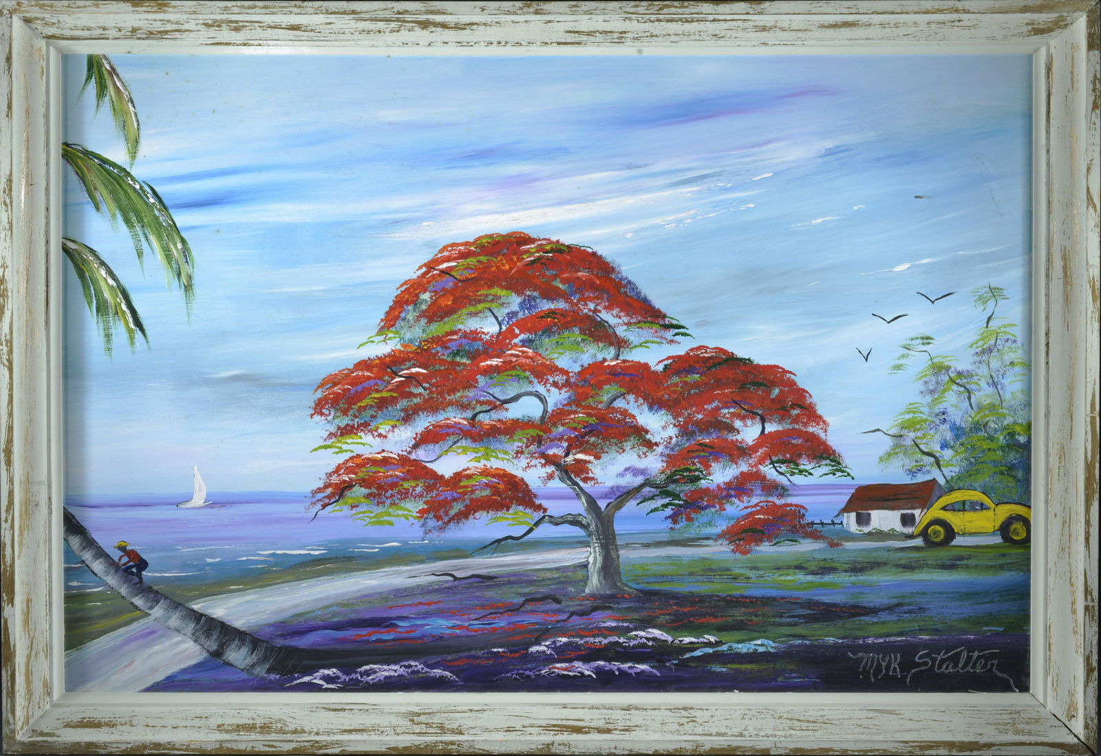 MYK STALTER PAINTING: paint on masonite board. Signed lower right. Interested that this has a yellow beetle bug car in it. 39" x 27"