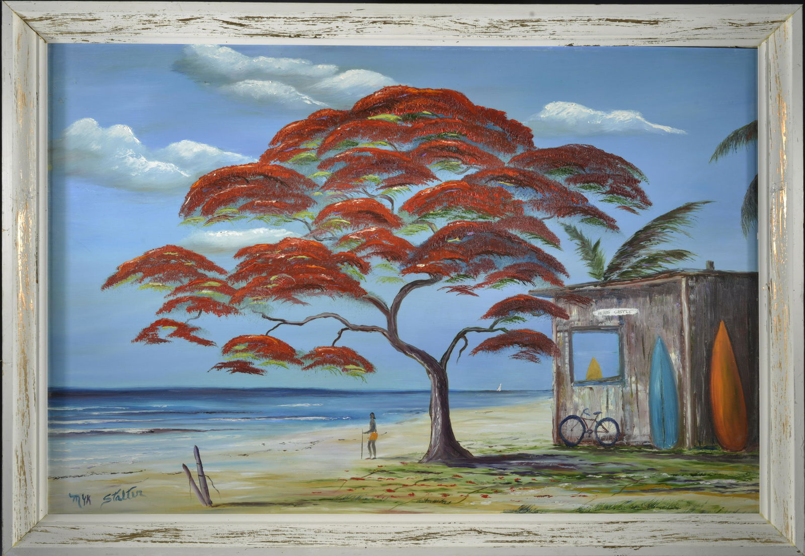 MYK STALTER PAINTING: paint on masonite board signed lower left. Framed. 39" x 27"