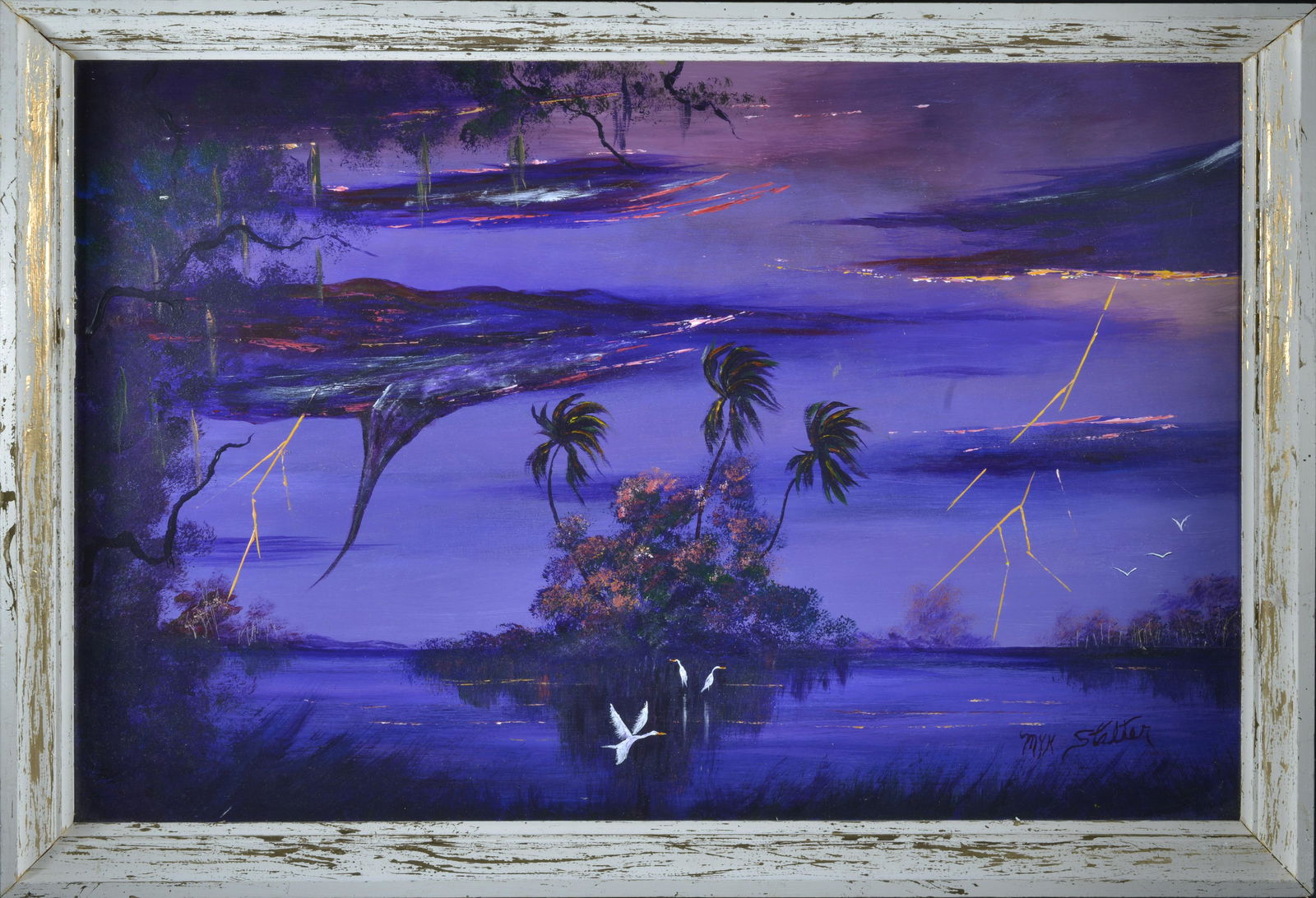 MYK STALTER PAINTING: paint on masonite board signed lower right. Framed. 39" x 27"