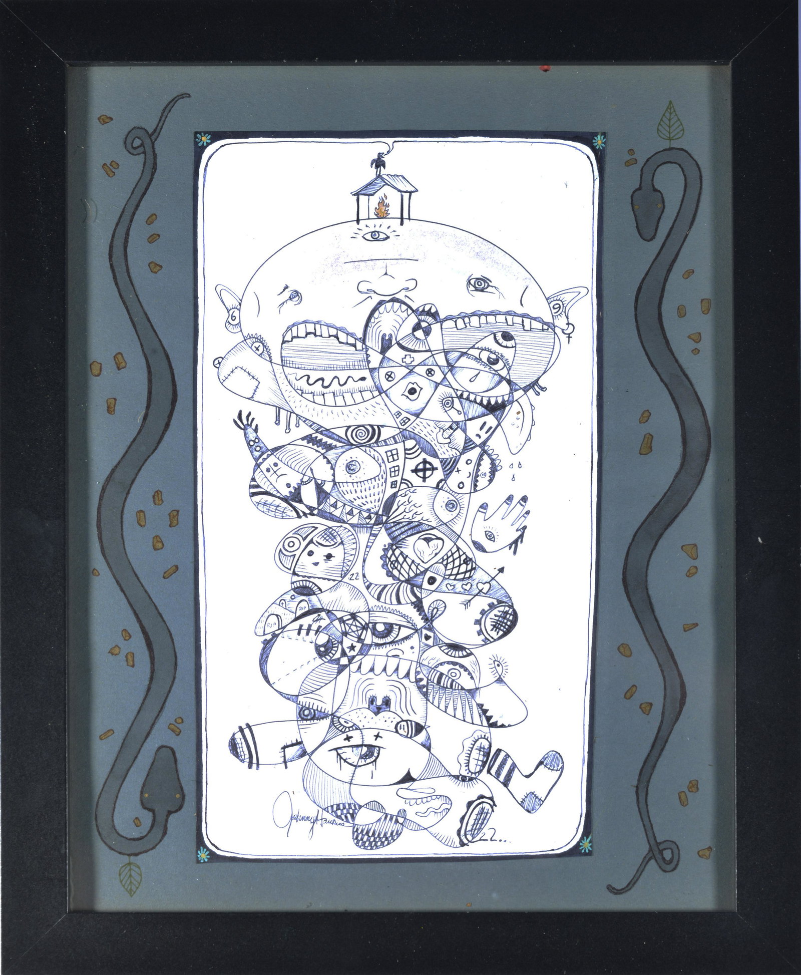 JOHNNY HAWKINS VISIONARY PEN AND INK: pin and water color on paper. Hand built collage style frame. Signed and dated. Johnny let 8 year old artist Jet Ledbetter in on some of the pin work on this one. Framed to 10.5" x 13.5"