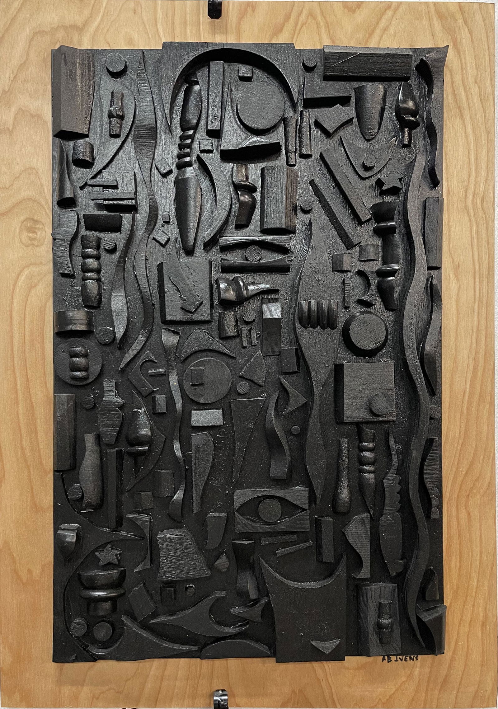 AB THE FLAGMAN ABSTRACT COLLAGE: wood collage assemblage rare abstract work by Ab The Flagman. 30" x 14" signed lower right