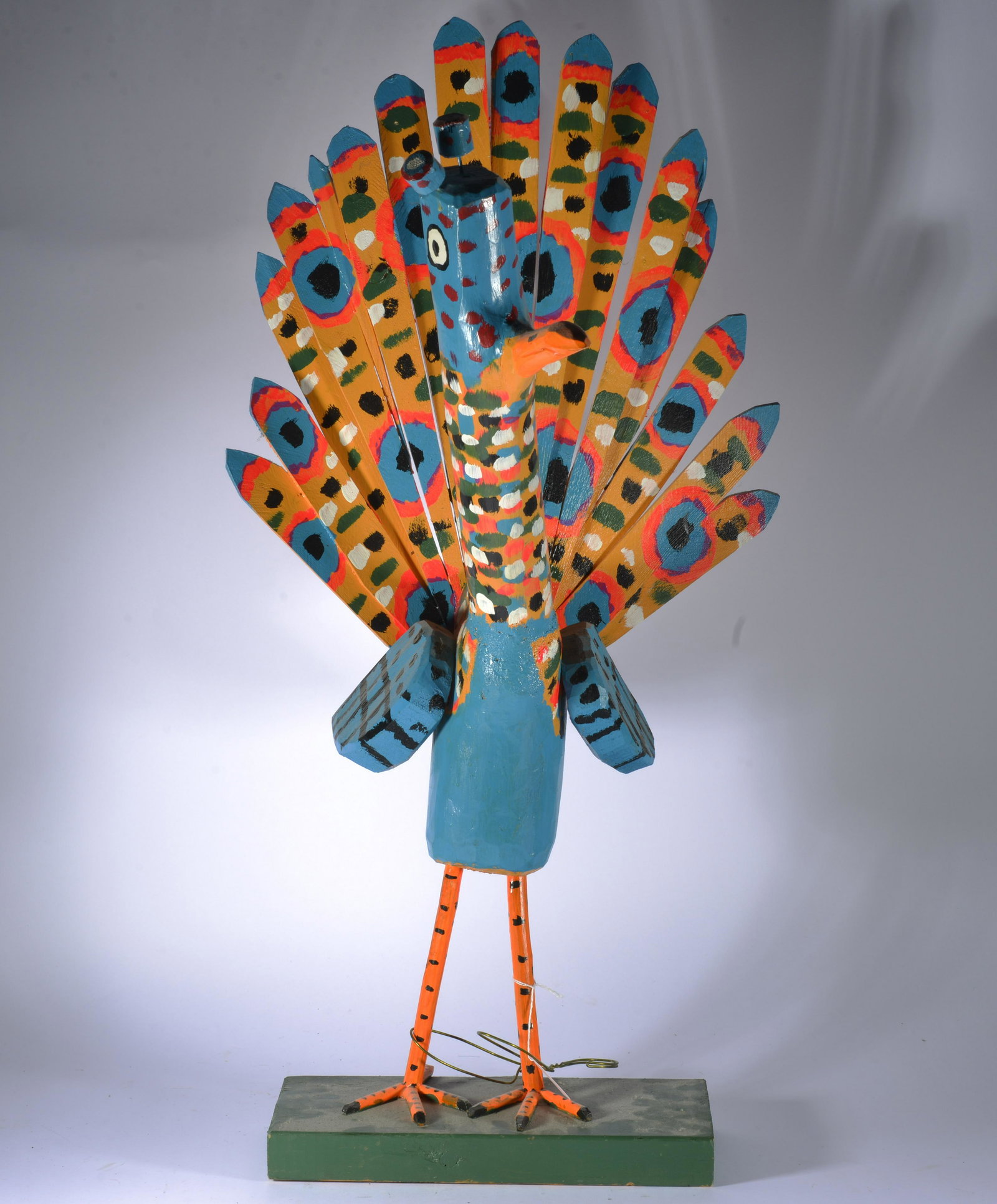 JESSE HURST FOLK ART WOODEN TURKEY: wood and paint. Artist made base. Signed on base. 33.5"x17"