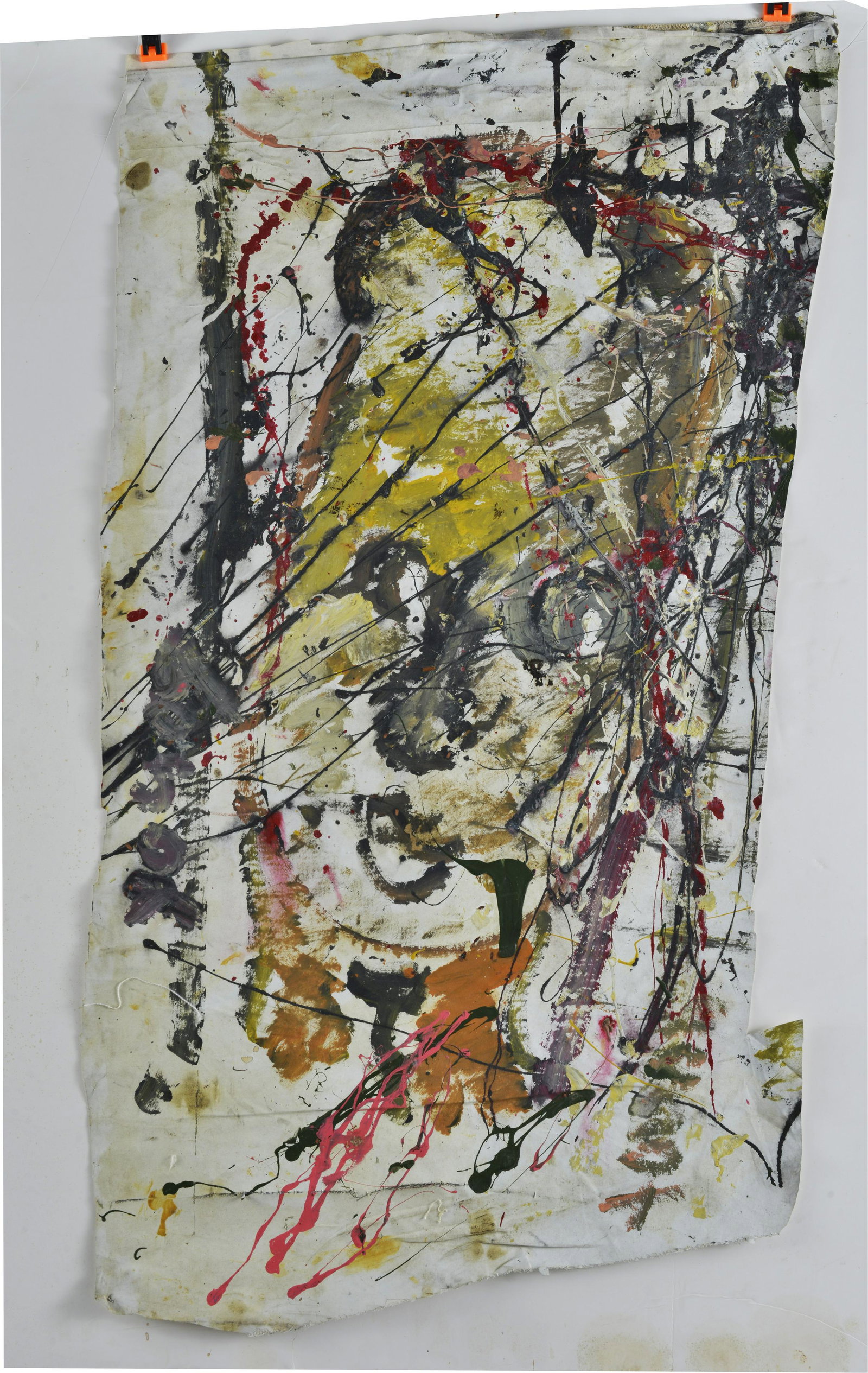 PURVIS YOUNG (1943 - 2010): paint on canvas. Not stretched. Large face with splatter. Signed bottom right. 43.5"x24"