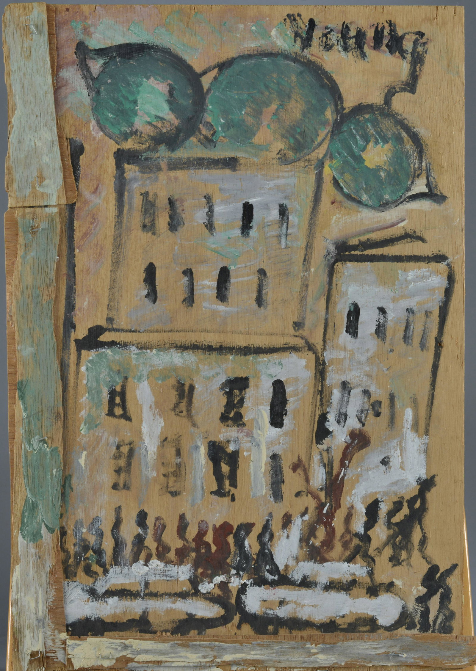 PURVIS YOUNG (1943 - 2010): paint on plywood. Signed upper right. City scene with protesters and cars. 18"x25.5"
