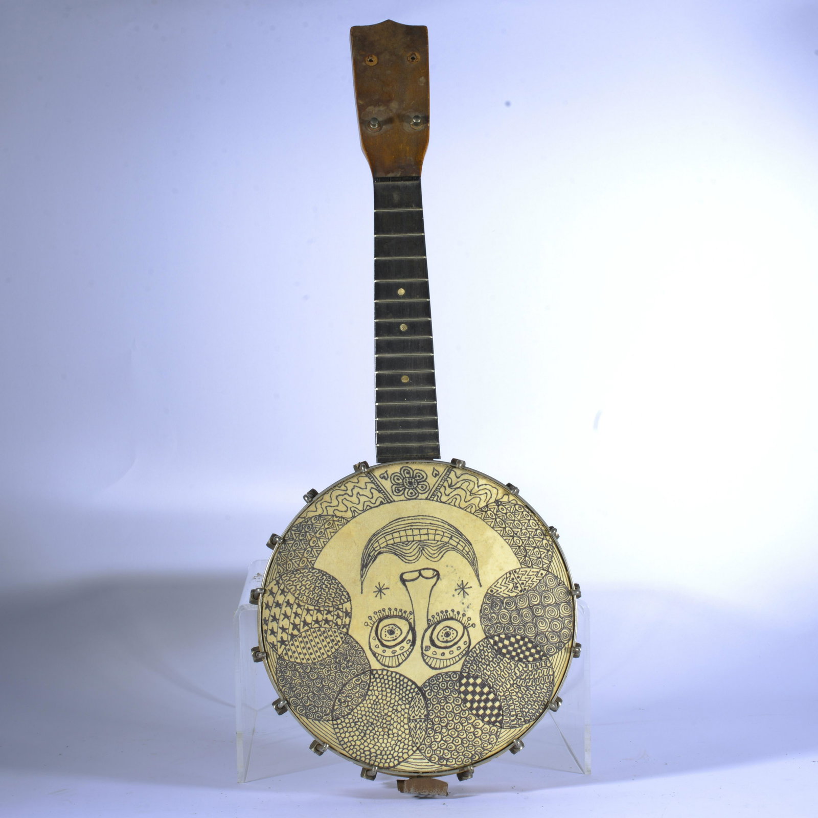 TOM "THE DEACON MAN" STECK FOLK ART: Lady face drawn on antique banjo. 21"