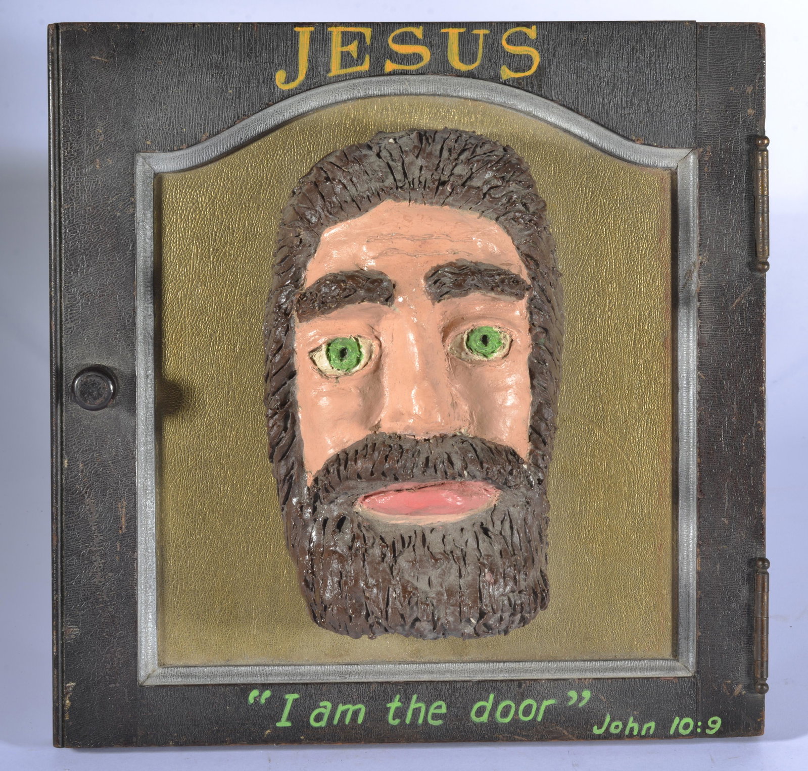 TOM "THE DEACON MAN" STECK FOLK ART: head made from clay. mounted to antique cabinet door. Signed on back. 10"x10"