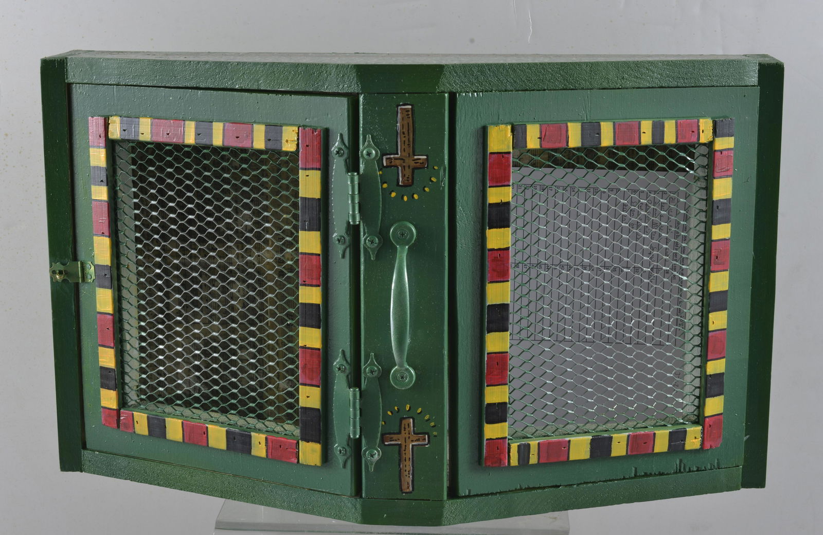 ERIC CUNNINGHAM FOLK ART: folk art painted box with 2 doors. 21.5"x13"x7"