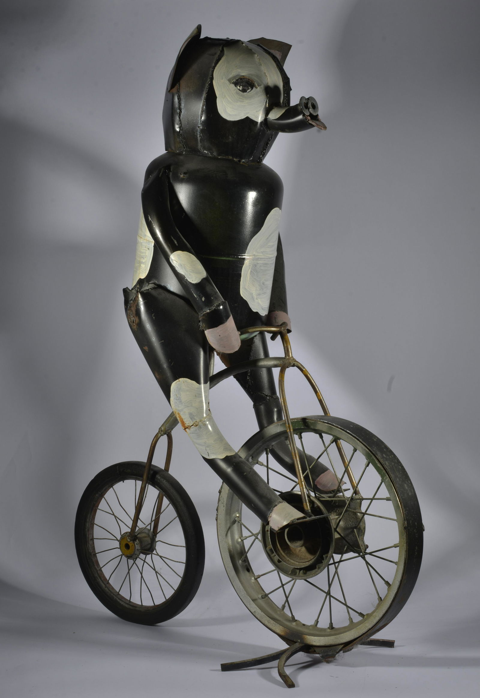 TINO FERRO FOLK ART ENVIRONTMENTAL ART: Tino Ferro, New York Artist. pig riding tricycle. Welded metal and paint. 43" tall