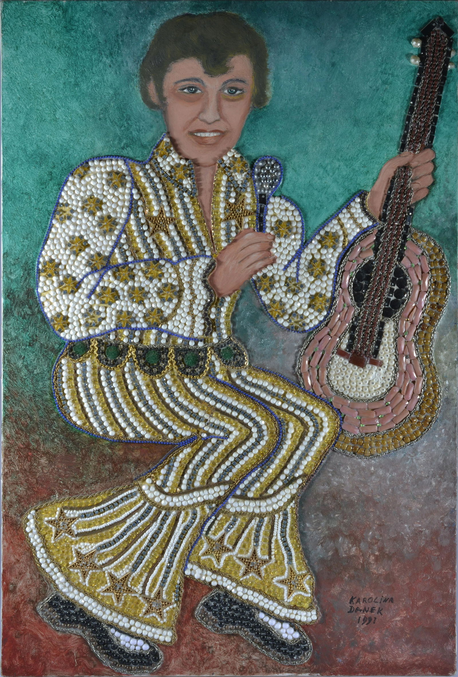 Karolina Danek Folk art: mixed media collage on canvas. Beads and paint. Signed and dated 1991. 20"x30"