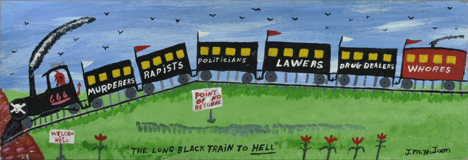 MIKE HUTSON FOLK ART PAINTING: paint on wood. Signed lower right. 24"x8"