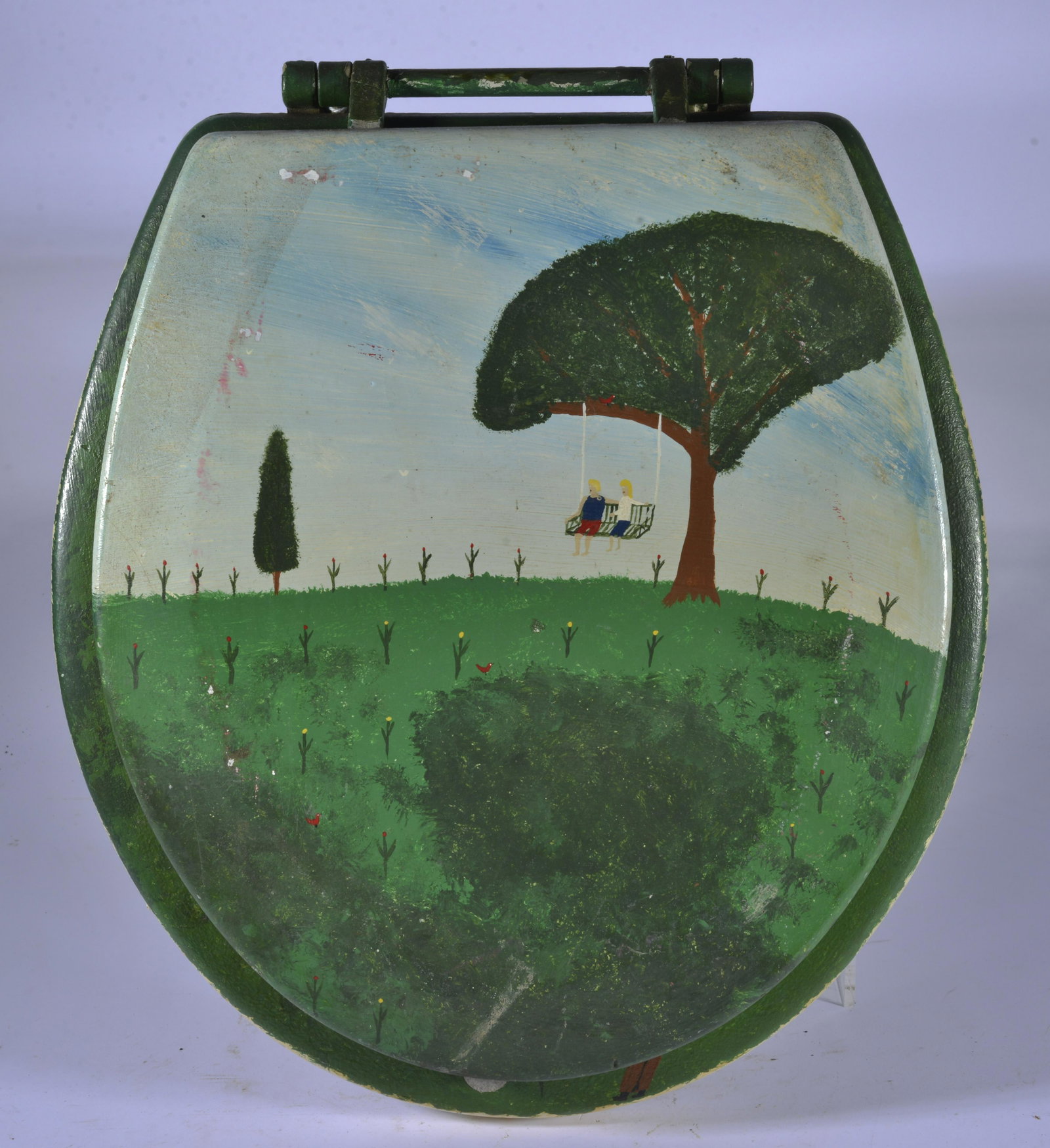 MIKE HUTSON FOLK ART PAINTING: rare toilet seat painting. When opened reveals the presence of the KluKluxKlan as felt in Madison NC in the mid 1990s. Mike was not a racist but just painted what he saw and was around. One day he saw