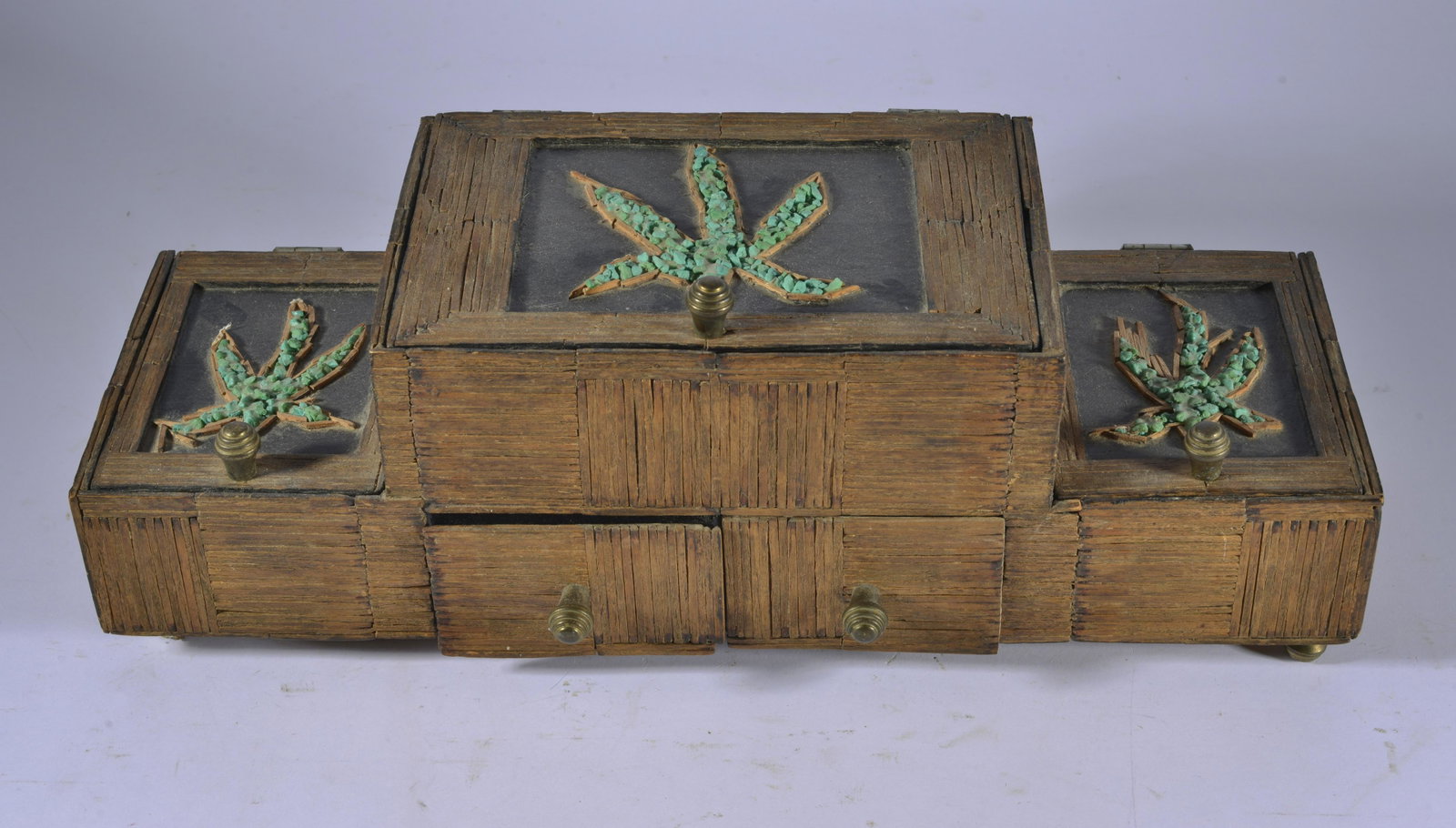PRISON ART MATCH STICK BOX: match stick folk art box with lid and drawers. 17.5"x6"
