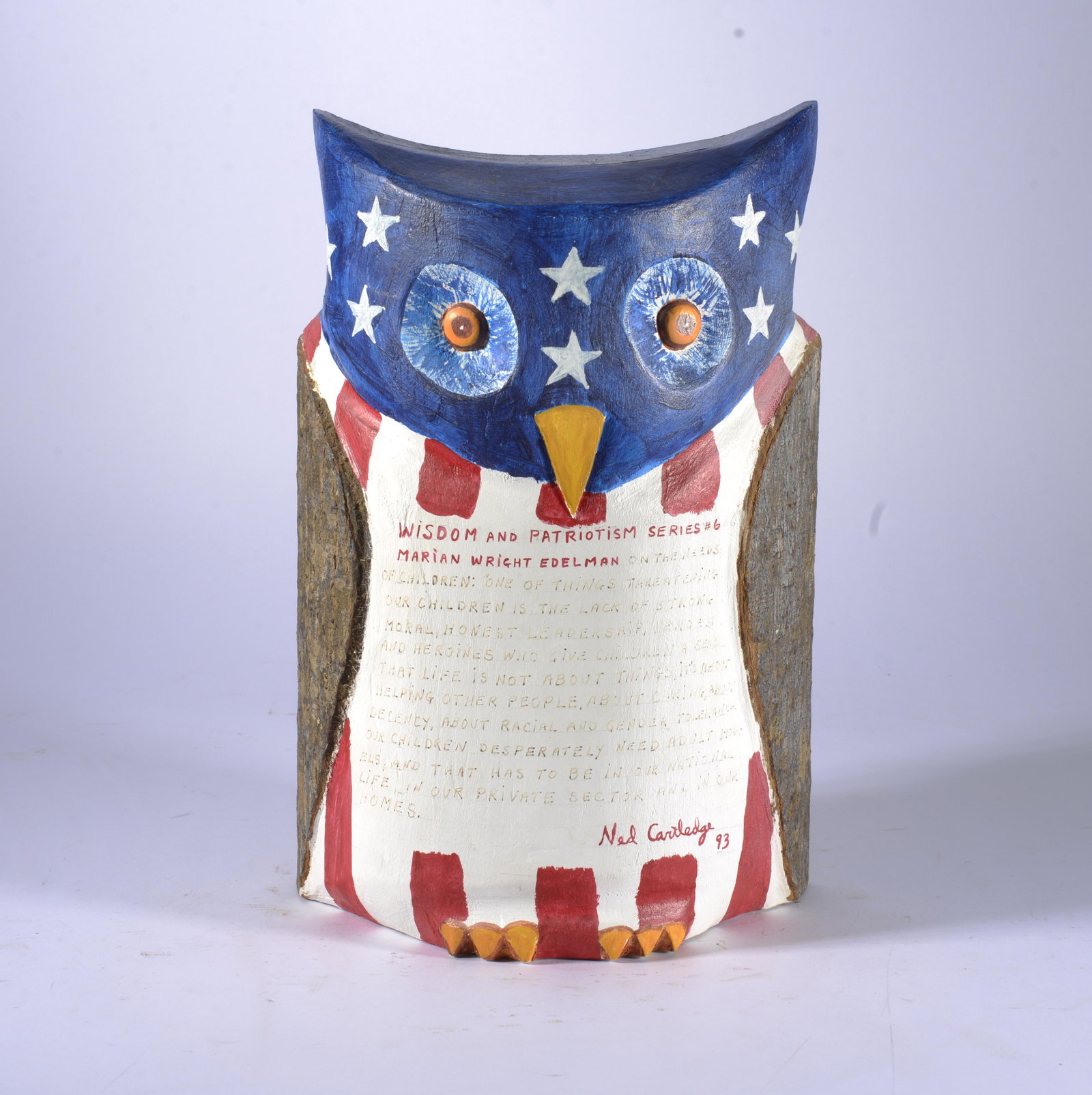 NED CARTLEDGE FOLK ART OWL: carved and painted wood. Signed dated 1993. 13"x8"