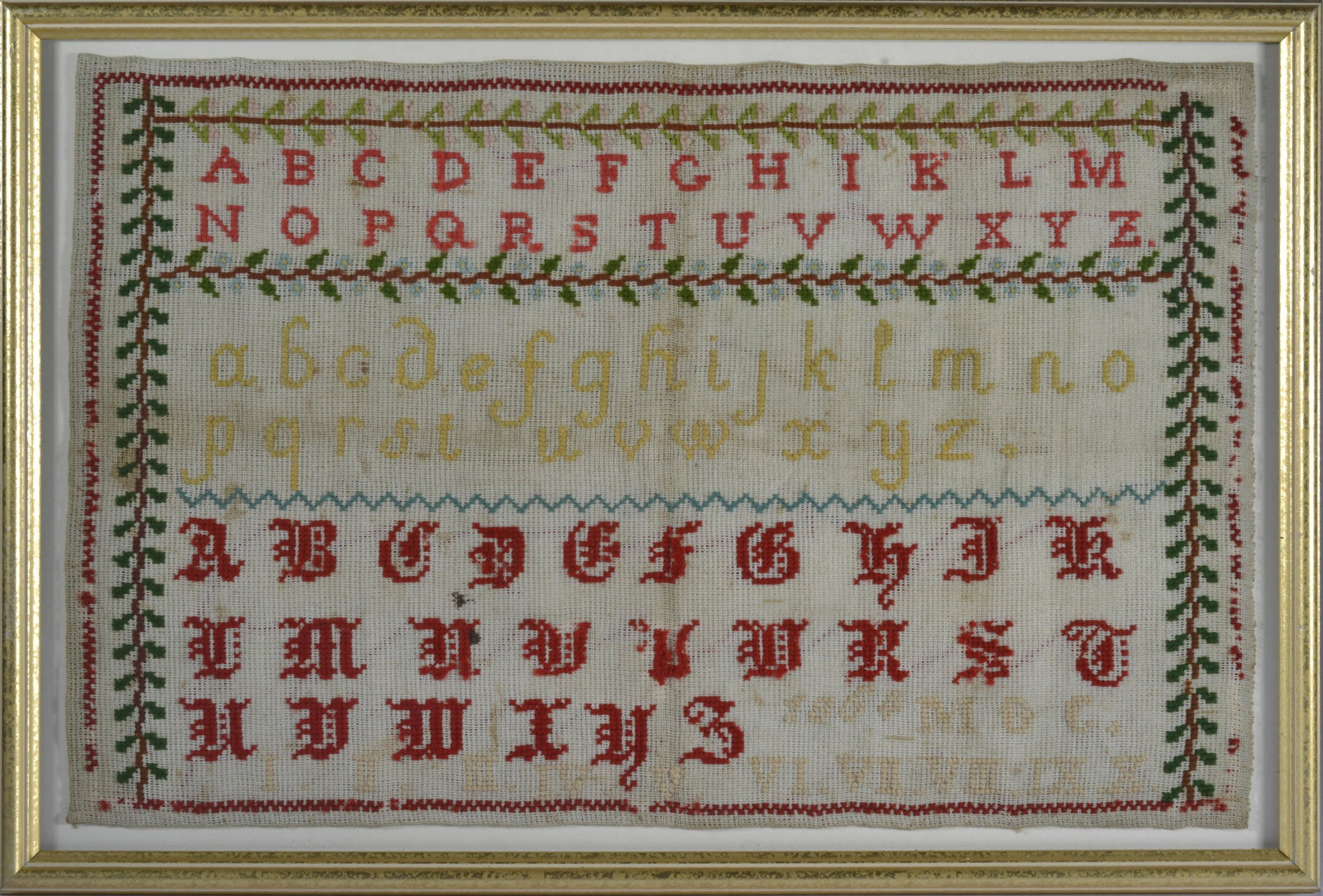 TIM CHESS NEEDLE WORK SAMPLER: NEEDLE WORK. FRAMED. 22.5"x15"